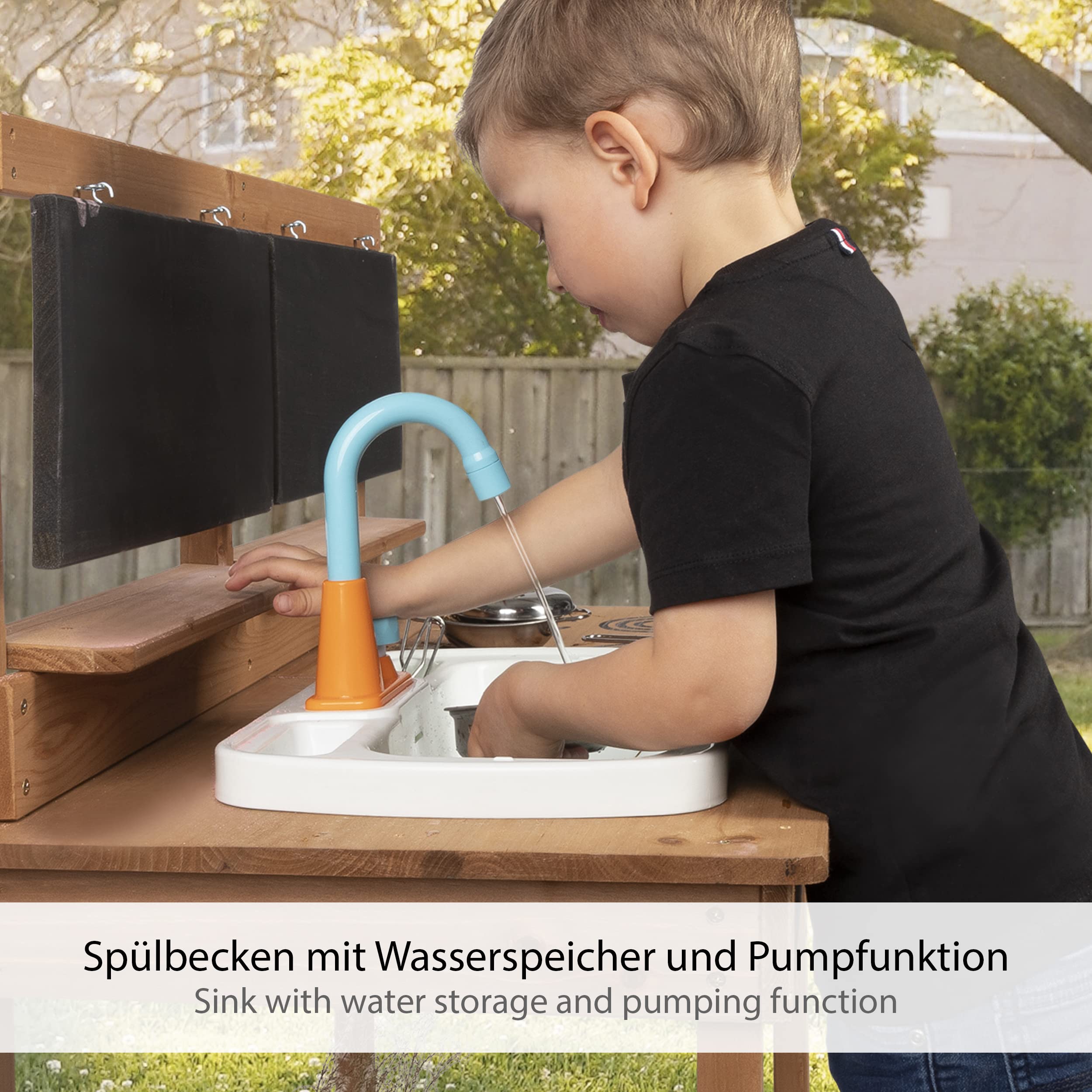 ONVAYA® Matschküche aus Holz | Braun | Outdoor Spielküche mit Waschbecken und schwarzer Tafel | Inklusive Stauraum in der Kinderküche für Draußen