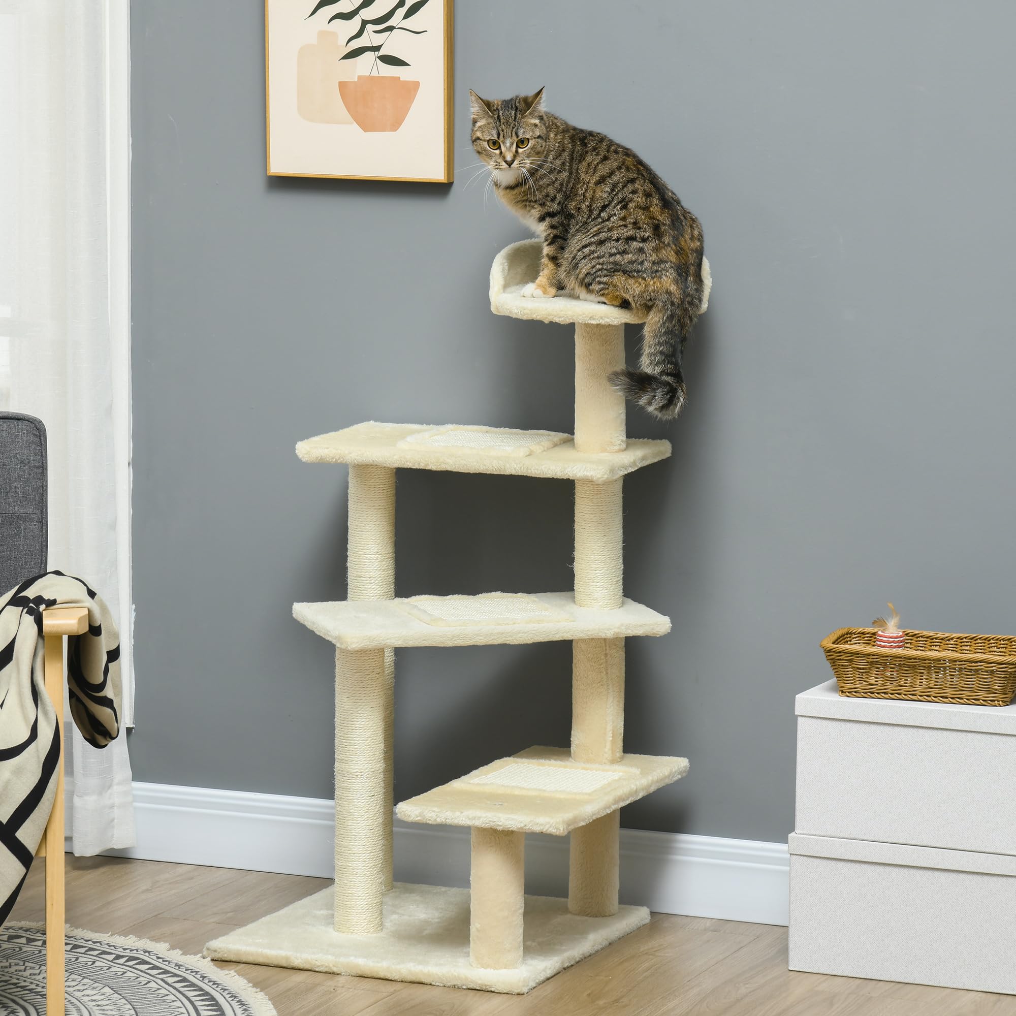 PawHut Árbol para Gato Rascador Poste para Arañar con Cama Plataforma con Manta de Sisal 50x50x100cm Terciopelo Beige | Grande, para Arañar, Cama, Manta de Sisal, Terciopelo