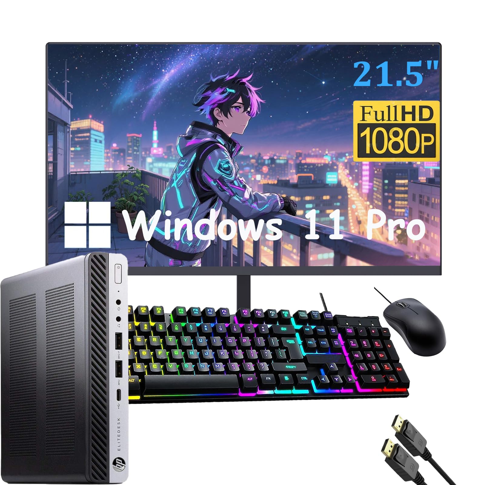 HP Elitedesk 800 G3 Mini PC Desktop with 21.5" FHD Computer Monitor, Windows 11 Pro, Core i5-7500 3.4GHz, Up to 3.8GHz, 16GB RAM, 512GB SSD, Keyboard,