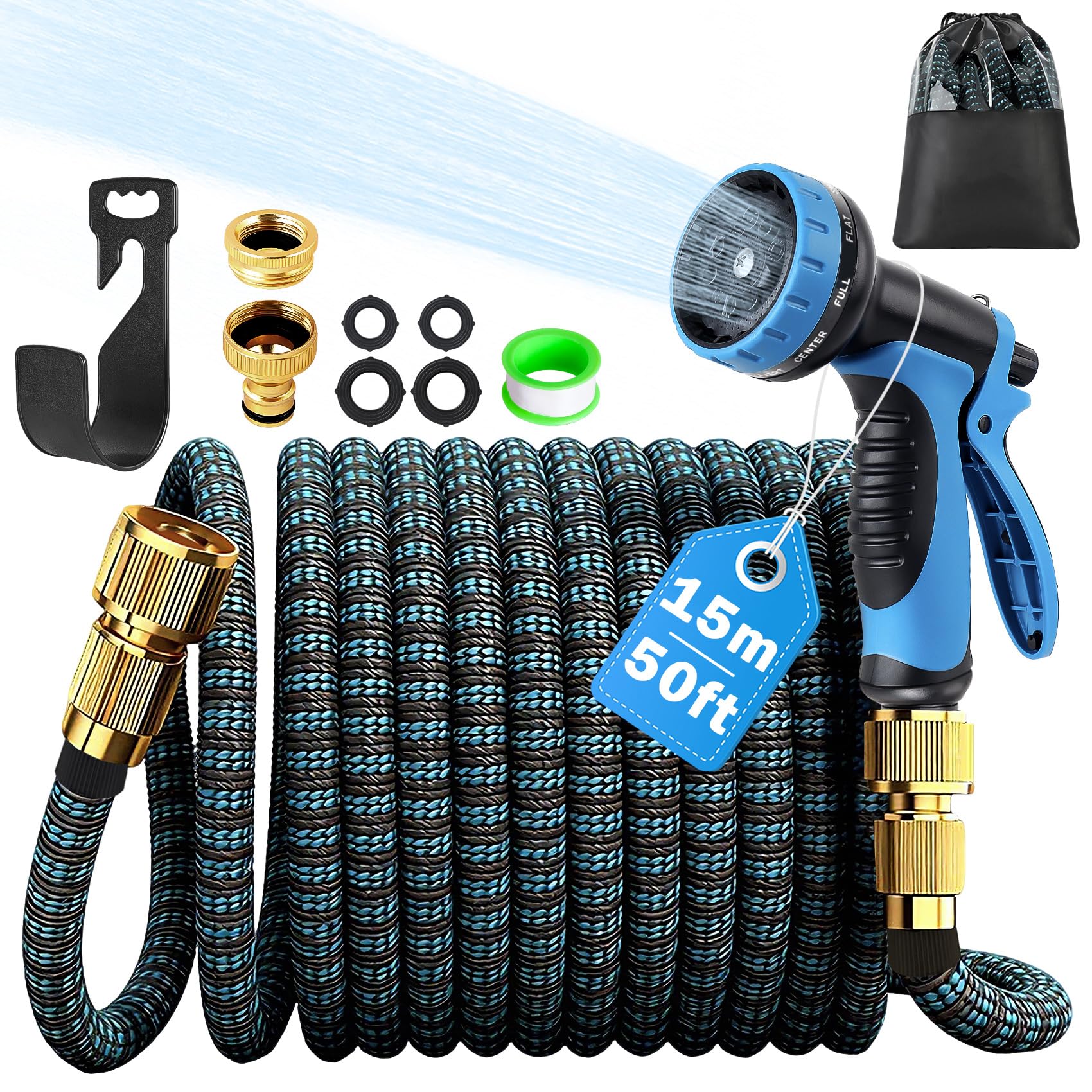 Expandable Garden Hose - Upgraded 3-Layer Latex Hose Pipe 50ft 15m Leak-Proof, Expanding Hose with Spray Gun, Stretchy Magic Hose with Fittings,No-Kink Flexible Water Hose for Garden,Pet,Car Cleaing