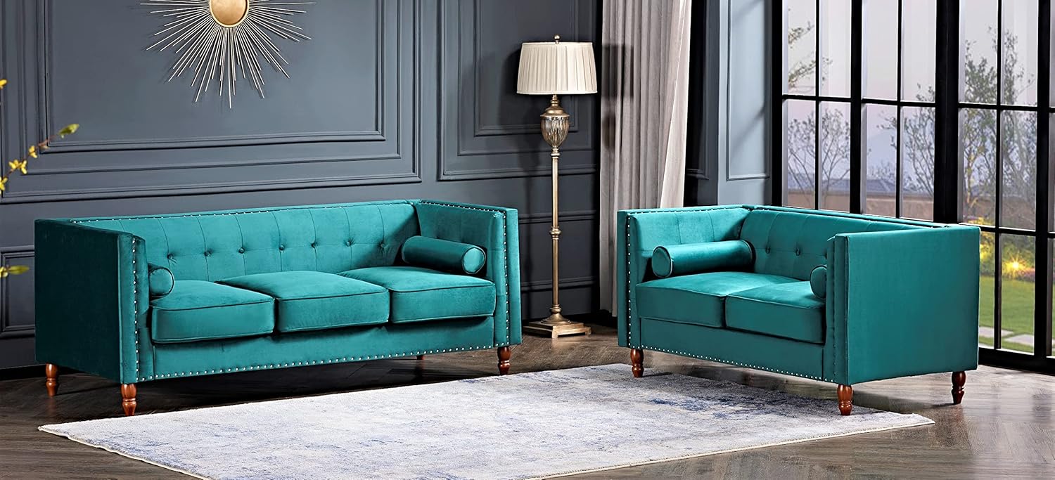 Container Furniture Modern Classic Velvet Chesterfield Sofa and Loveseat Set, Low Back Tufted Couches for Living Room, Bedroom, Apartments and Office in Green, 2 Piece