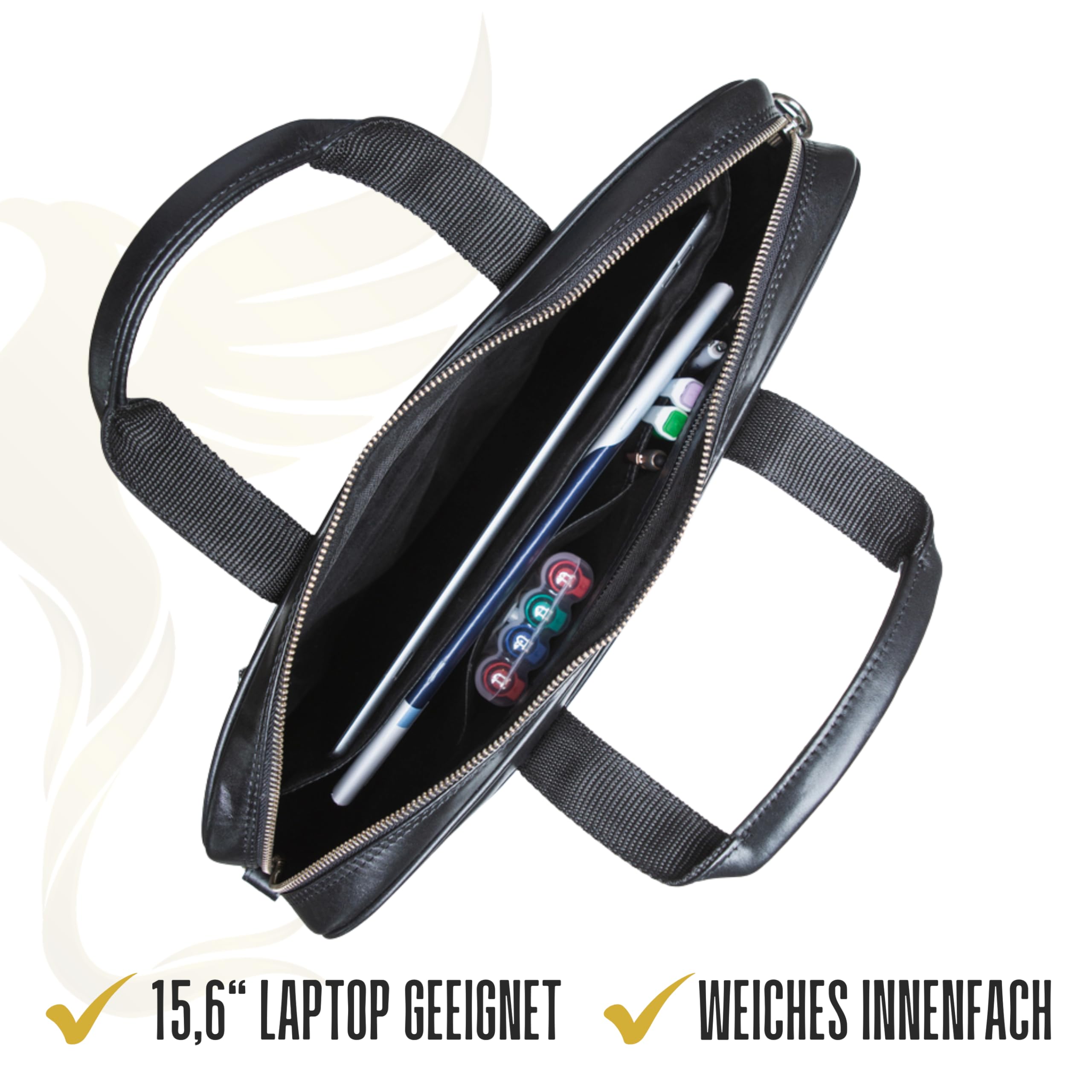 Hörner Bremen Businesstasche aus Echtleder – Schwarz | Laptoptasche 15,6 Zoll mit gepolstertem Laptopfach, 42×32×8 cm, abnehmbarer Schulterriemen, viele Fächer, Damen & Herren