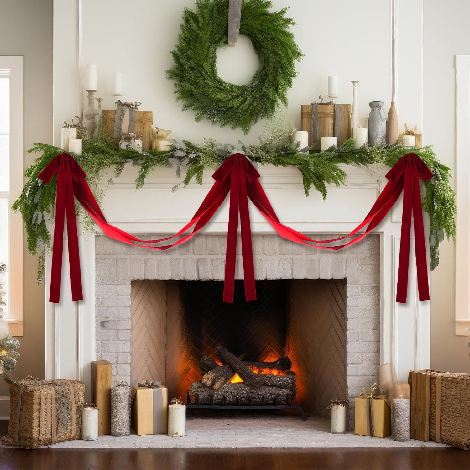 7.6 ft Christmas Dark Red Velvet Bow Garland Pre-strung Garland Banner with 3 Pcs 24 x 15 Inches Bows Reusable Vintage Velvet Christmas Decoration for Xmas Tree Fireplace Staircase