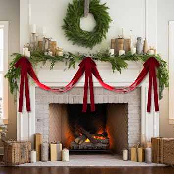 7.6 ft Christmas Dark Red Velvet Bow Garland Pre-strung Garland Banner with 3 Pcs 24 x 15 Inches Bows Reusable Vintage Velvet Christmas Decoration for Xmas Tree Fireplace Staircase