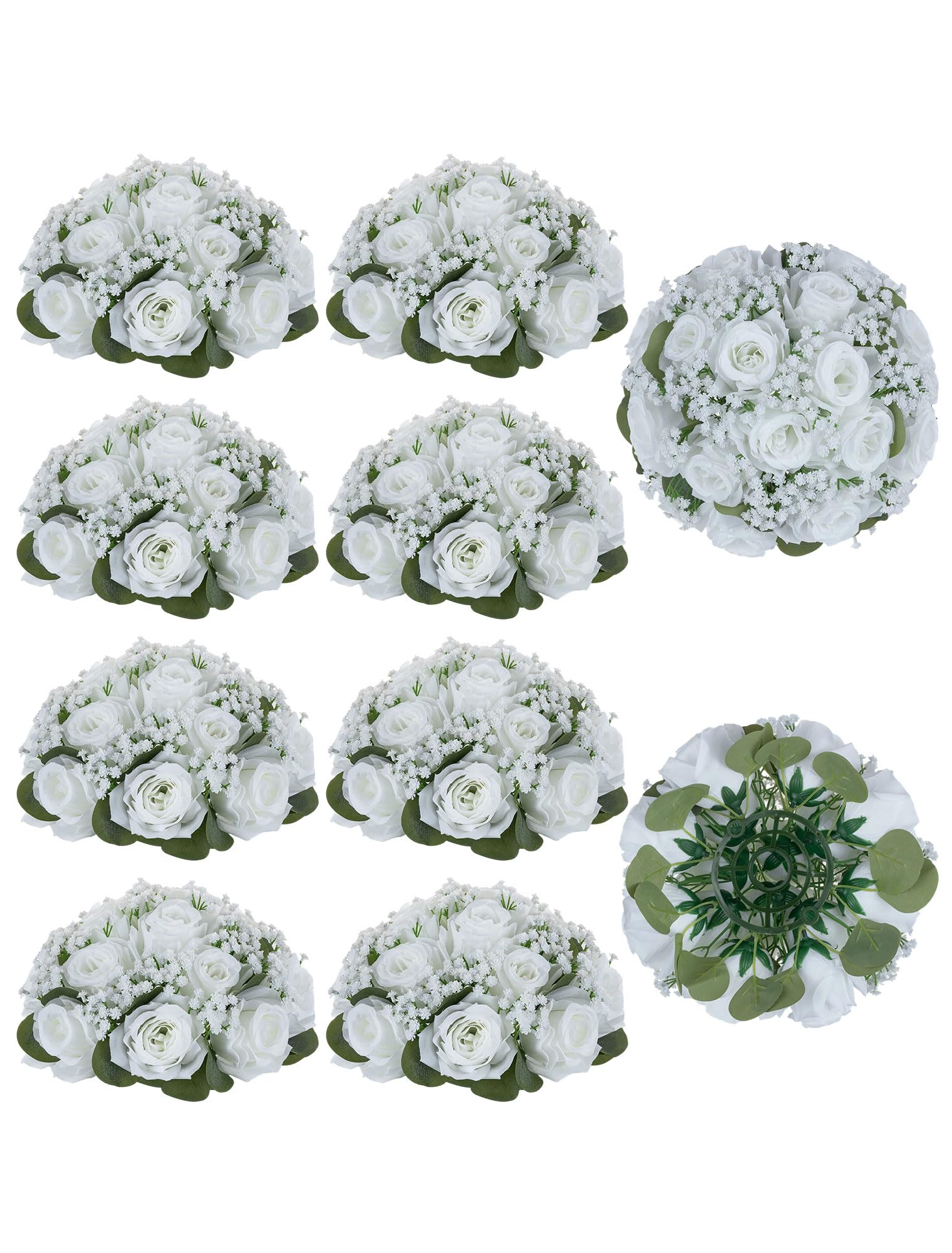 BLOSMON Kunstblumen Rosen Schleierkraut Hochzeitsdeko, 10 Stück, Weiß | Künstliche Rose Gypsophila Blumenstrauß, Blumen Kugeln für Tischdeko, Hochzeit Party, Tafelaufsätze Dekoration, Zimmer Deko