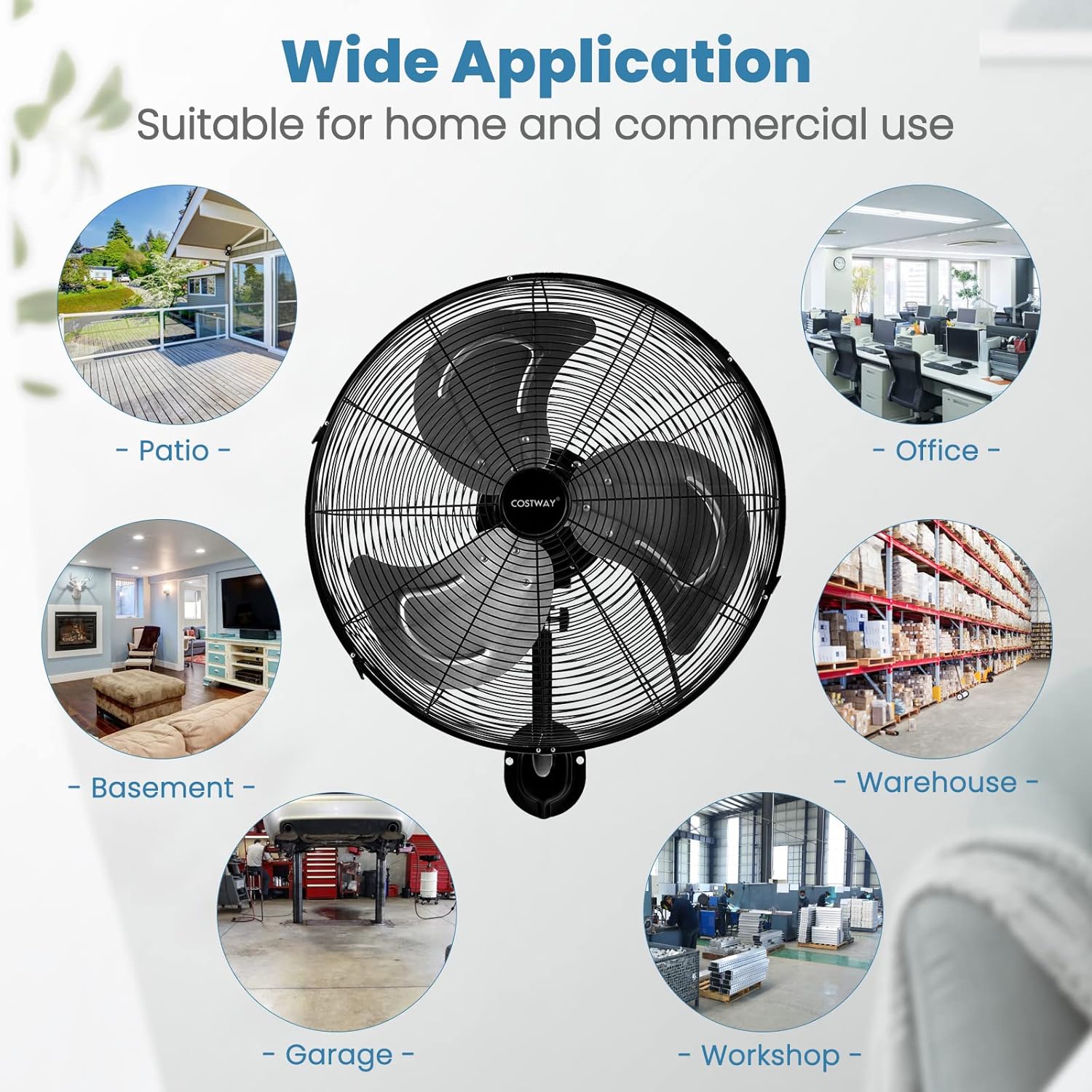 COSTWAY Wall Mount Fan, 20 Inches Heavy Duty Metal Wall Fan with 3 Speeds, 85° Oscillation, 30° Adjustable Tilt Head, Wall-Mounted Aluminum Blades Fan for Garage Warehouse Workshop, ETL Listed, Black