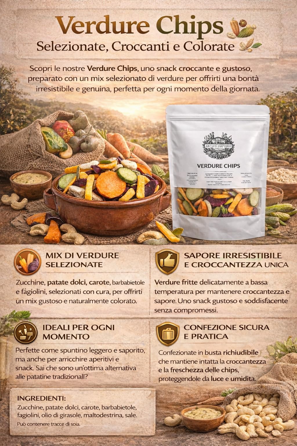 Chips di Verdure essiccate, croccanti - 500 Grammi - in Sacchetto in kraft Richiudibile - Snack Sfizioso e Salutare, Composto da 8 Verdure