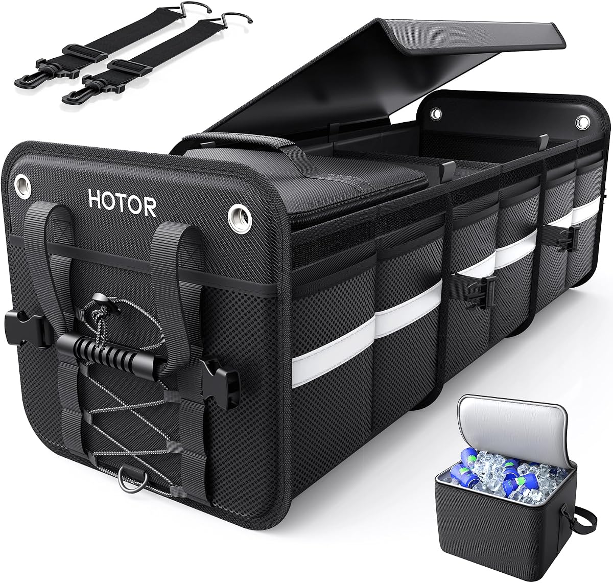 HOTOR Trunk Organizer - Car Organizer and Storage with Cooler Bag for SUV | 3-Compartment, Foldable Car Storage for SUV with Handles & Strap for Shopping, Picnic, Camping, Black, 33.1" x 13.0" x 11.8"