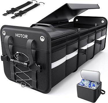 HOTOR Trunk Organizer - Car Organizer and Storage with Cooler Bag for SUV | 3-Compartment, Foldable Car Storage for SUV with Handles & Strap for Shopping, Picnic, Camping, Black, 33.1" x 13.0" x 11.8"