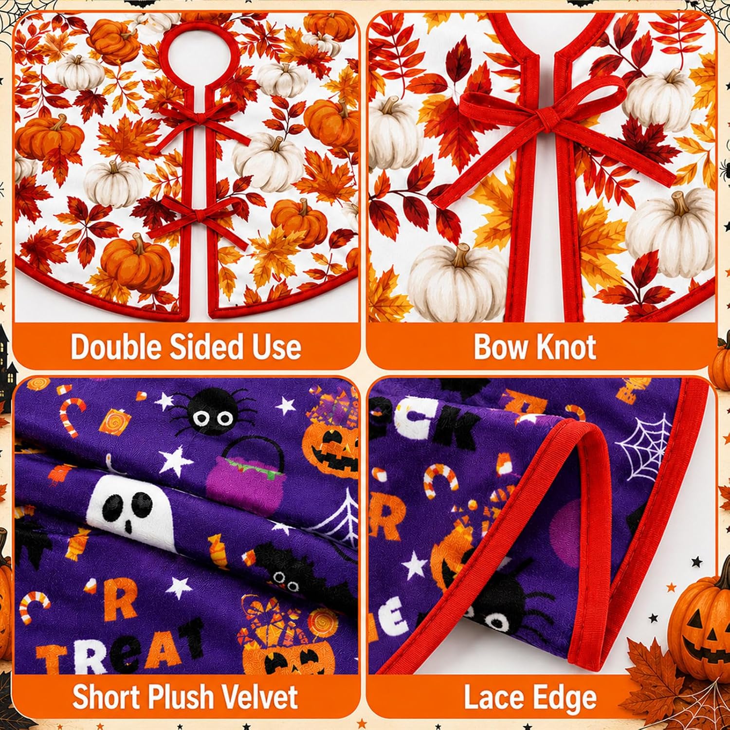 36 Inch Fall/Halloween Tree Skirt Fall Halloween Reversible Double Sided Print Mat for Holiday Party Indoor Outdoor Tree Mat Decoration