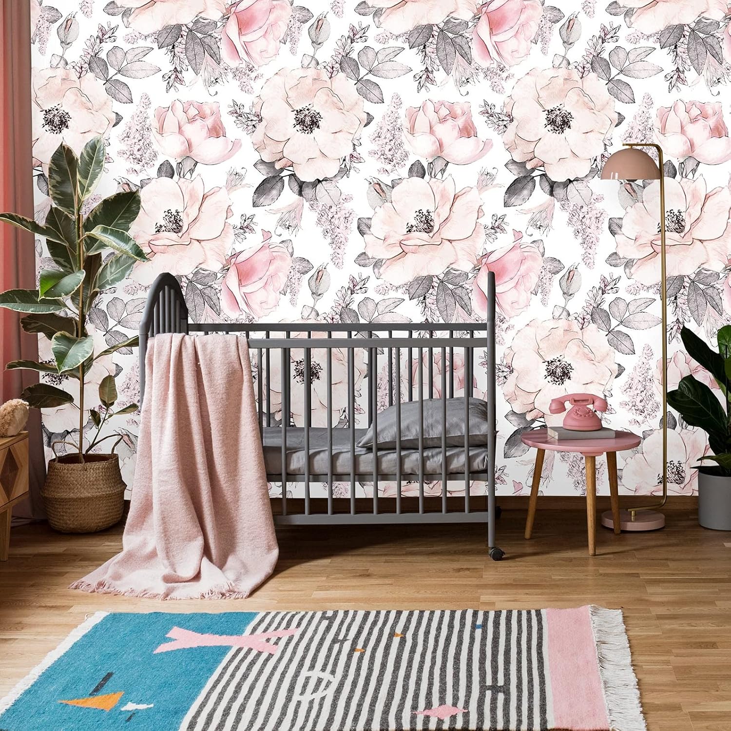 Removable Peel 'n Stick Wallpaper, Self-Adhesive Wall Mural, Watercolor Pink Floral Pattern, Nursery Room Decor • Girl's Peonies & Roses (24" W x 96" H Inches)