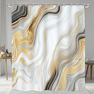 LGhtyro Abstract Marble Shower Curtain Bathroom Set 60Wx71H Inches Golden Crack Ink Geometric White Swirl Fluid Modern Luxury Artistic Bath Accessories Aesthetic Art Home Decor Fabric 12 Pack Hooks