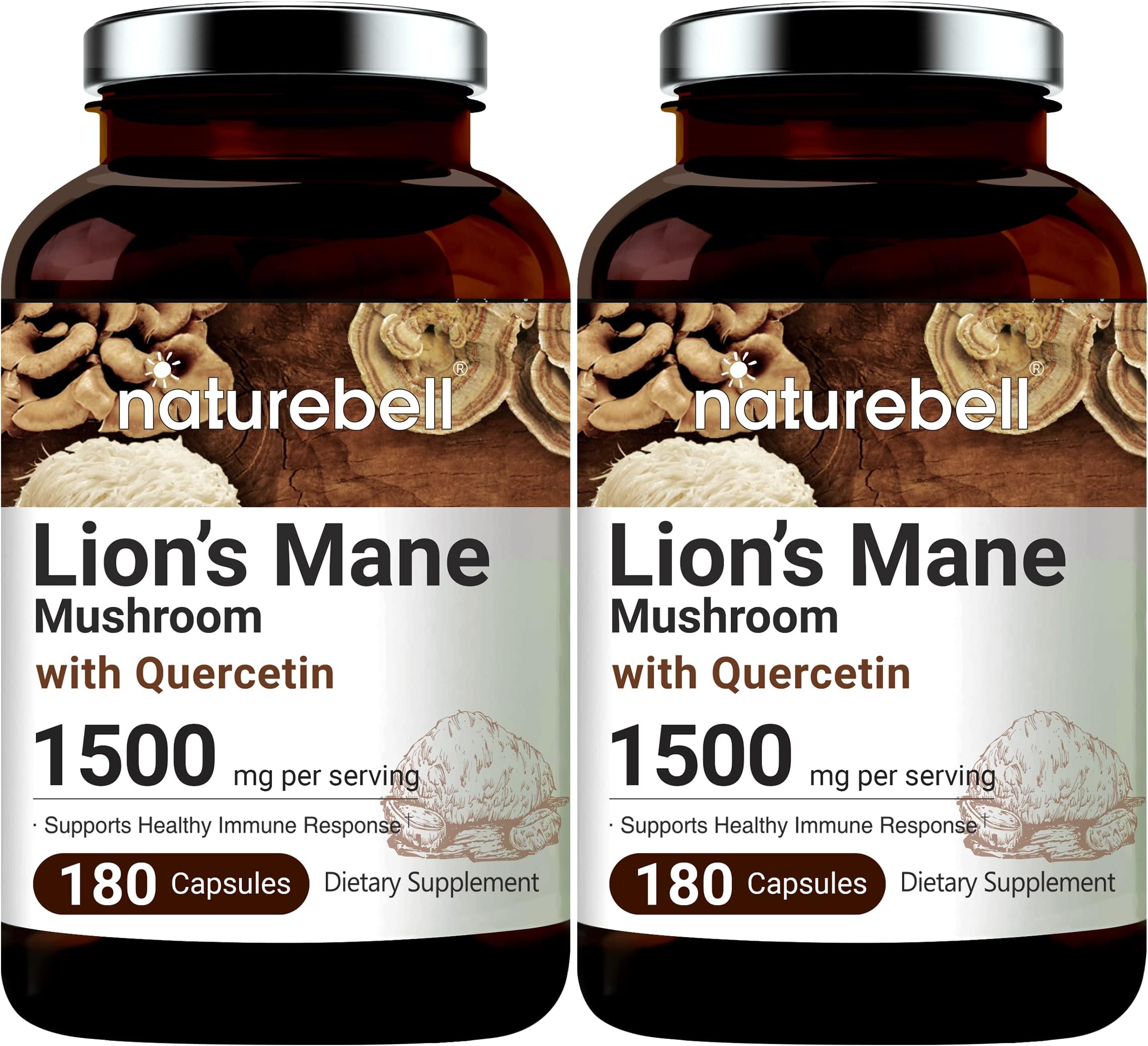 NatureBell Lions Mane Quercetin Supplements, 1500mg Lion's Mane Plus 25mg Quercetin Per Serving, 180 Capsules, 2 in 1 Formula, Supports Immune System and Brain Health, Non-GMO, Pack of 2