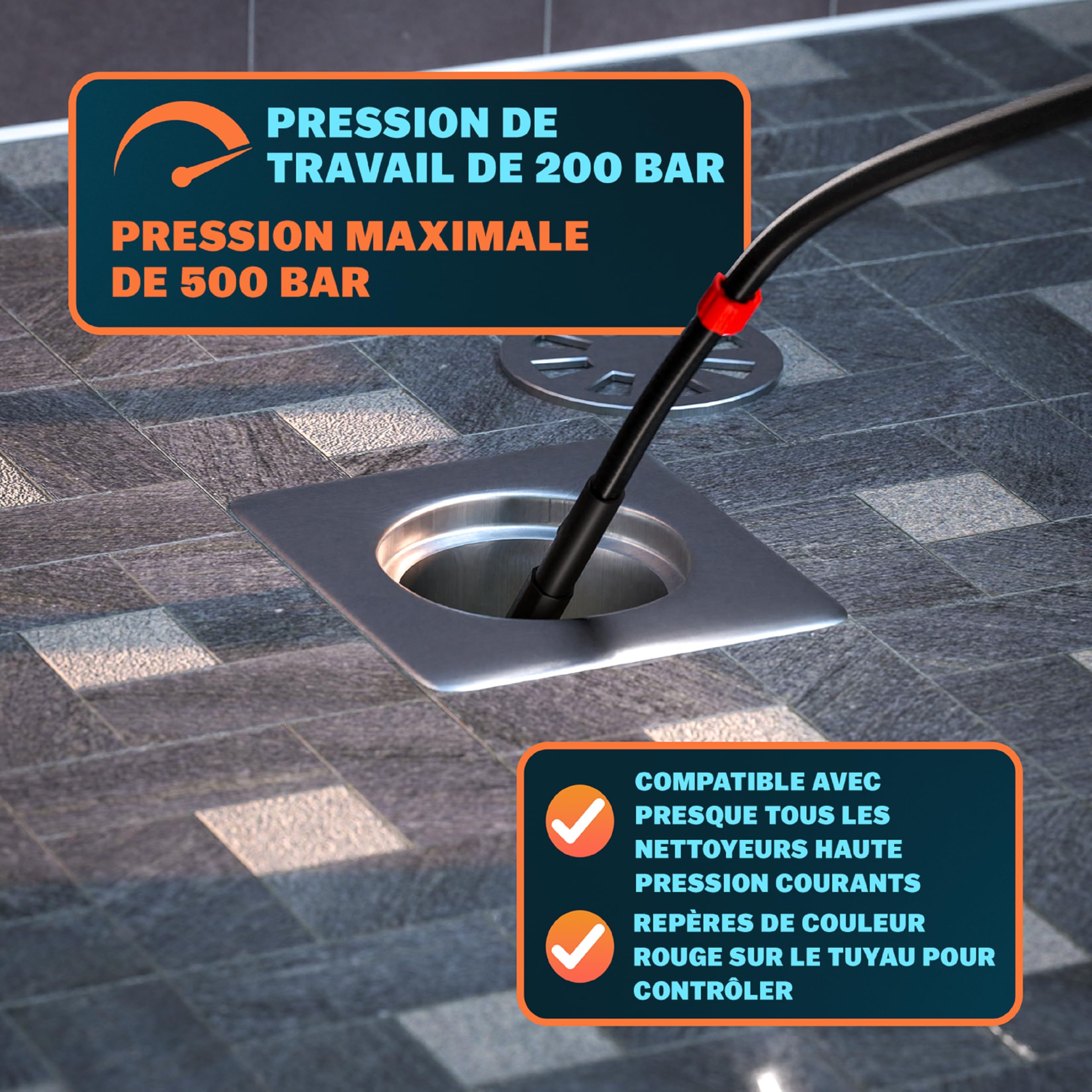 MONZANA® Tuyau déboucheur canalisation Premium 30m 200 bar 3 embouts 2 buses K2 K3 K4 K5 K6 K7 nettoyeur haute pression universel tuyau nettoyage furet