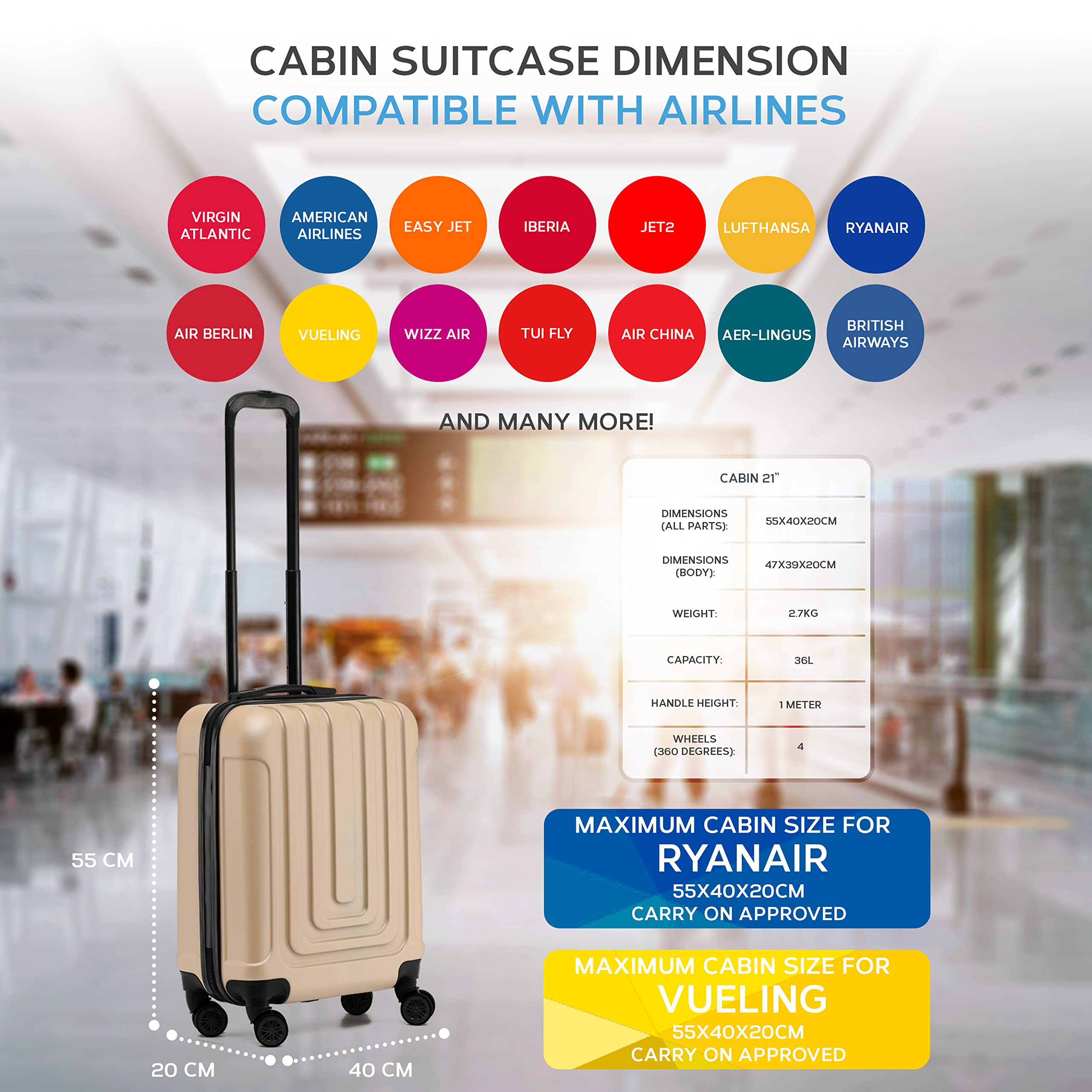 Flight Knight Premium Set of 2 Lightweight Cabin Suitcase - 8 Spinner Wheels - Built-in TSA Lock & USB Port - Luggage Approved for Over 100 Airlines Including Ryanair Priority - 55x40x20cm