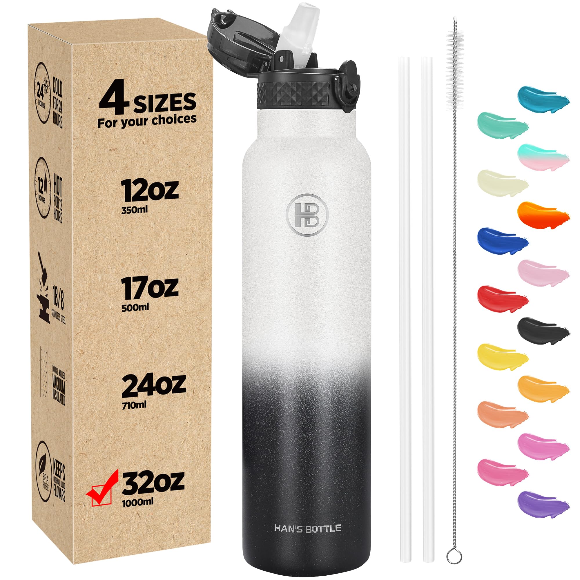 Han's Bottle Sports Water Bottle - 32 Oz, Straw Lid, Leak Proof, Vacuum Insulated Stainless Steel, Double Walled, Thermo Mug,White &amp; Black