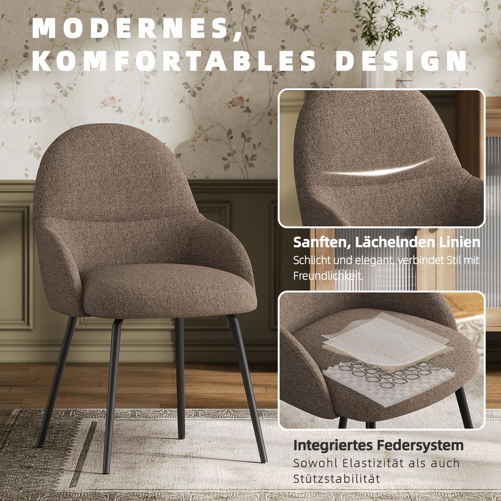 Salle à Manger Lot De 6 Chaises Design en Lin Marron, Assise RembourréE Spacieuse avec Accoudoirs, Pieds en MéTal Solides, AdaptéEs pour Cuisine Et Salon