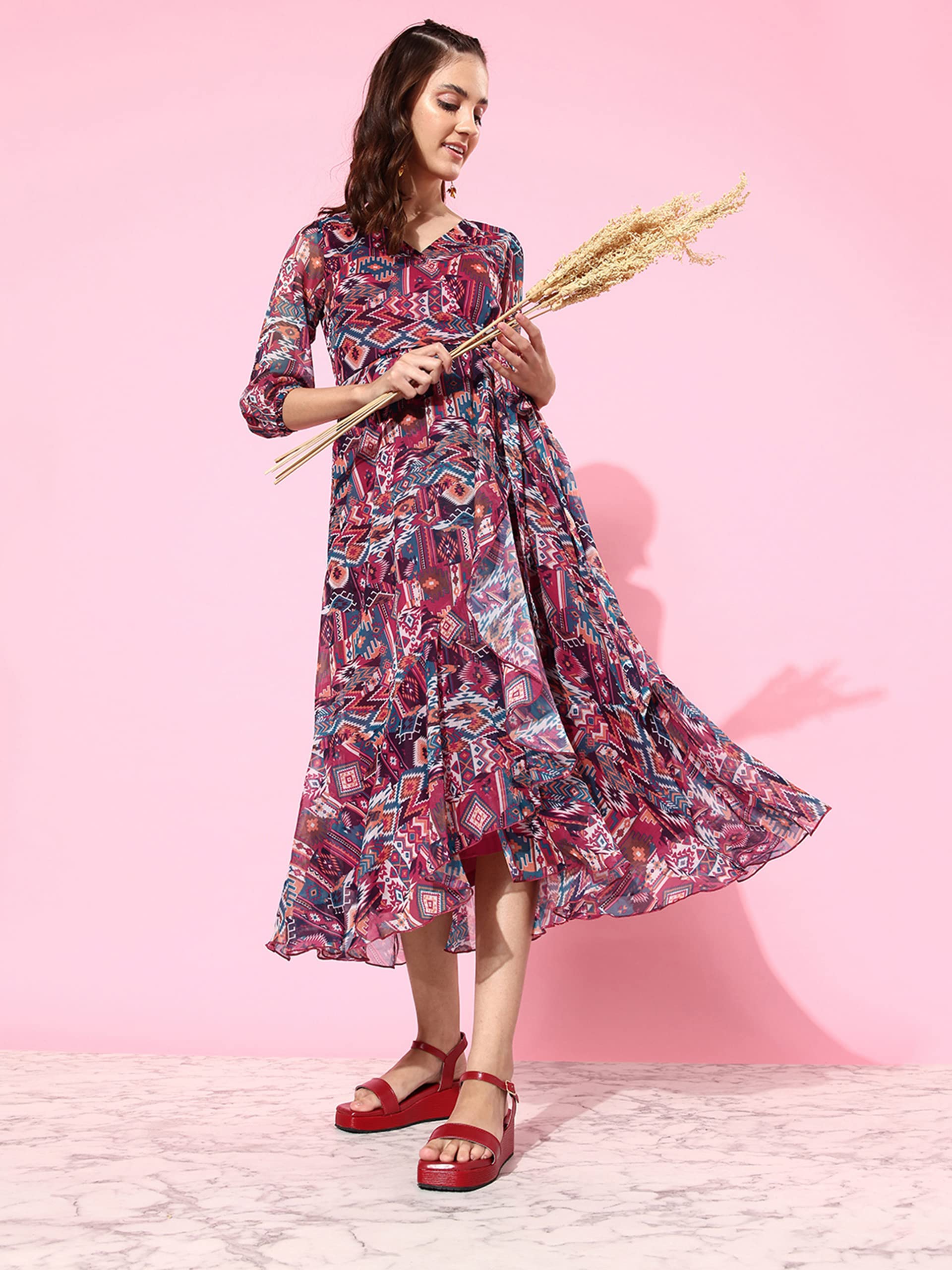 Miss Chase Women's V Neck Flared Sleeve Floral Wrap Chiffon Maxi Dress With Pocket (Mcaw21D14-94-224-07, Multicolored, 2Xl)