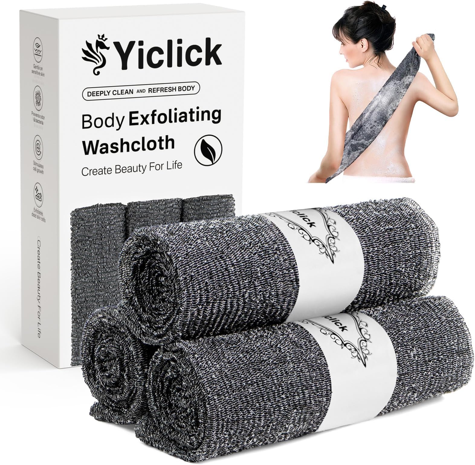 Yiclick Exfoliating Washcloth Towel, Japanese Exfoliating Bath Wash Cloth for Body Exfoliation, Korean Back Scrubber Washer for Shower, African Net Sponge Brush Loofah Exfoliator (Grey)