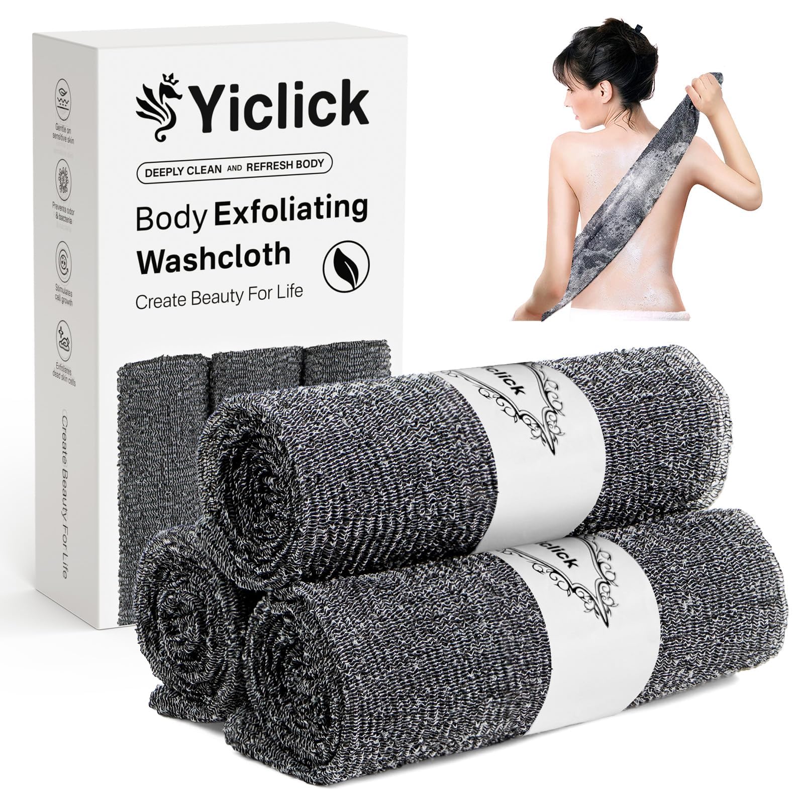 Yiclick Exfoliating Washcloth Towel, Japanese Exfoliating Bath Wash Cloth for Body Exfoliation, Korean Back Scrubber Washer for Shower, African Net Sponge Brush Loofah Exfoliator (Grey)