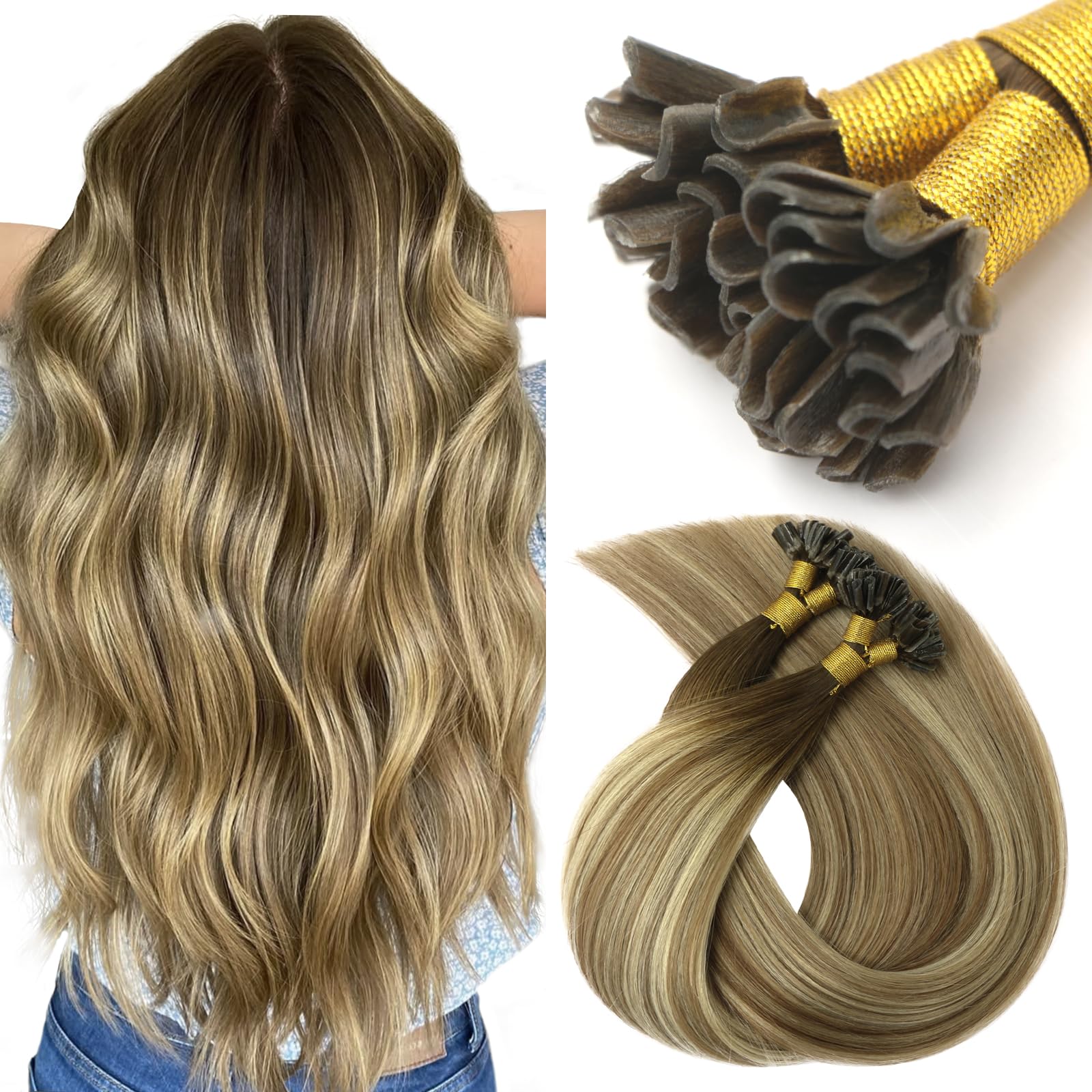 VINBAO U Tip Hair Extensions 50cm 50Ciocche 50g Extension Cheratina Capelli Veri Balayage Marrone Chiaro Highlights Ash Blonde Extension Capelli Veri Cheratina Umani Lisci Estension (#UTip3/8/22,20")