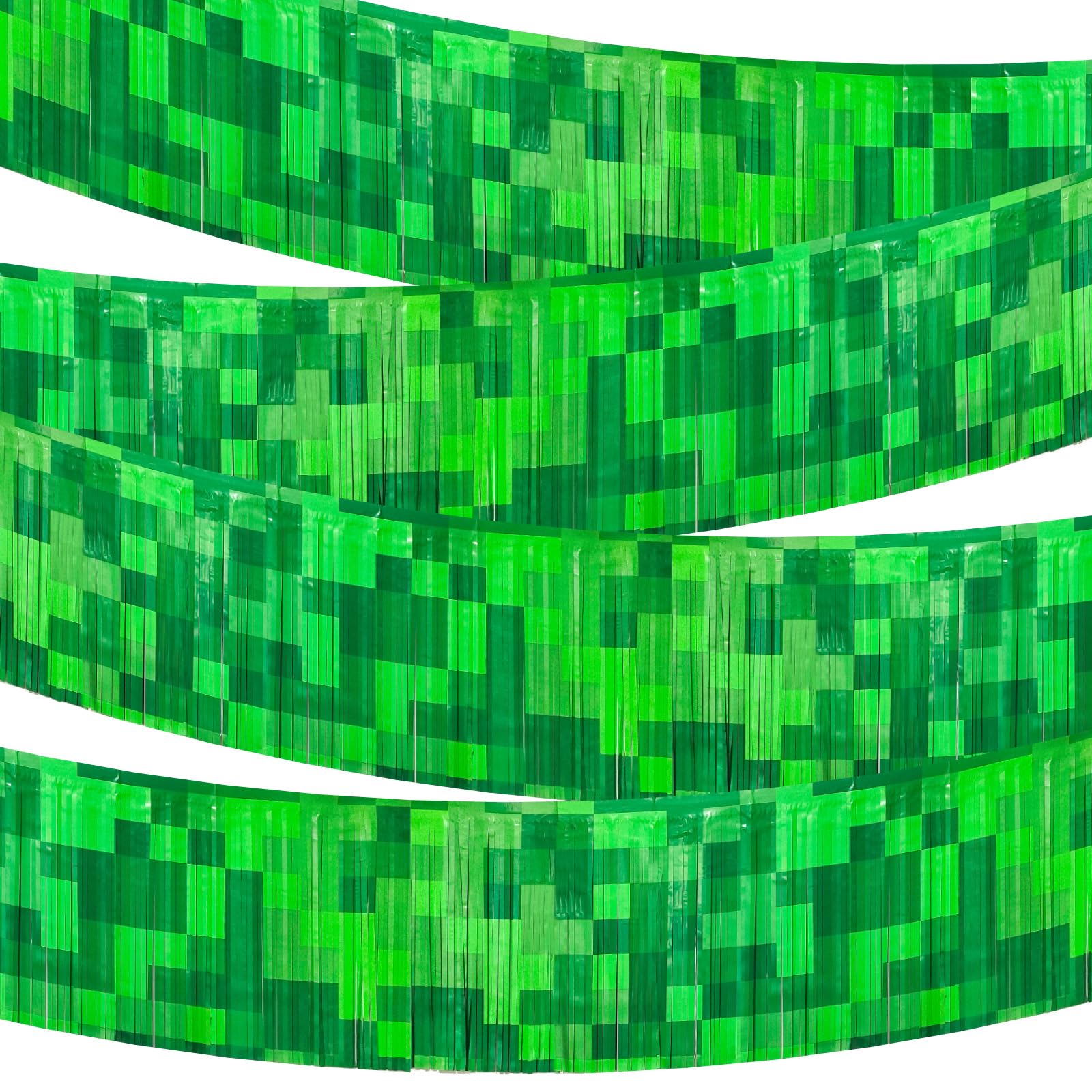 4 Pack Green Foil Fringe Garland Pixel Birthday Backdrop 118 x 11.8 In Green Pixel Game Metallic Tinsel Fringe Streamers Banner for Birthday Party Decorations Hanging Door Curtain Backdrop