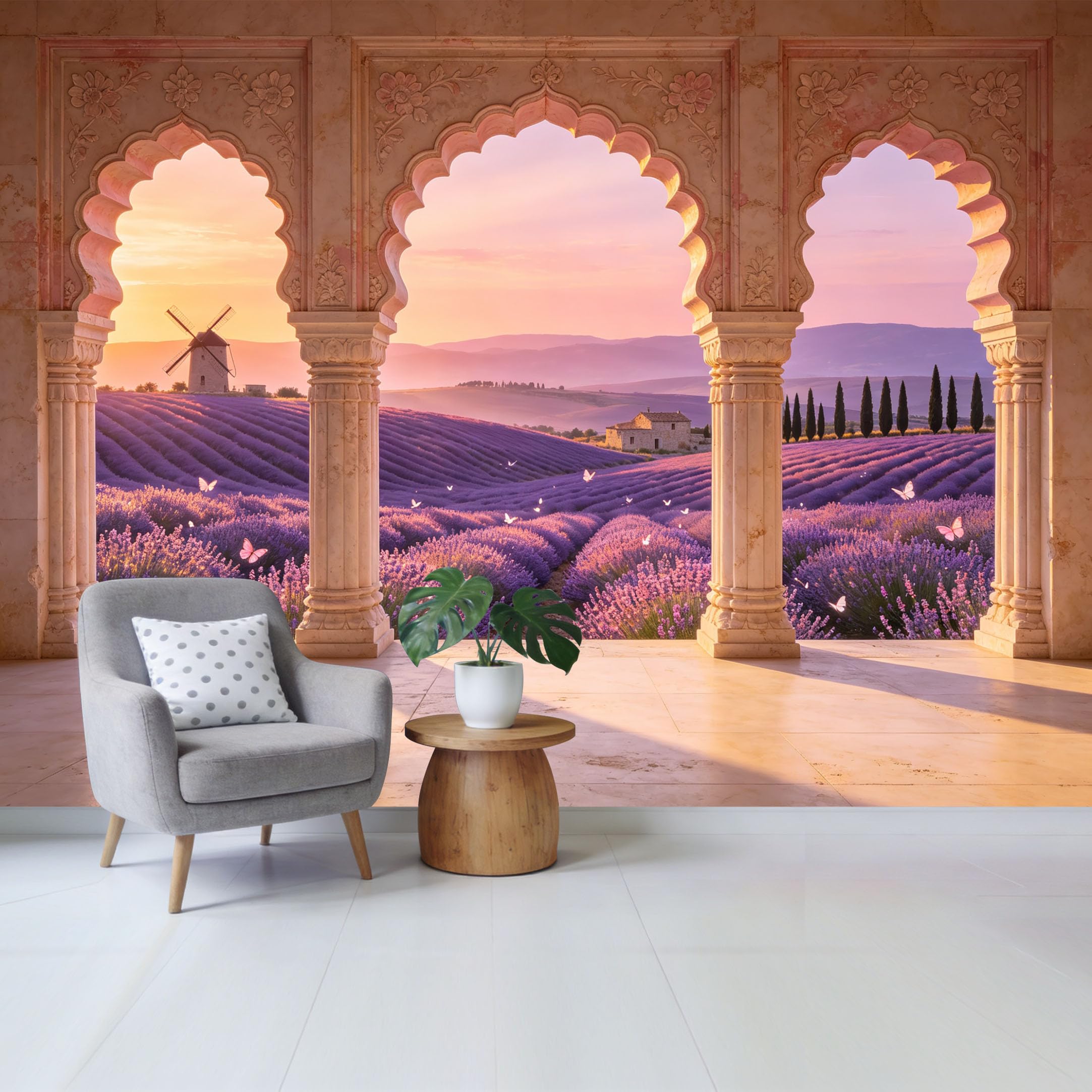 Removable Self Adhesive Fabric Mural， Provence Lavender Field Windmill Custom Size Wall Covering， UV Protected Waterproof Washable Wall Decor for Living Room Bedroom Bathroom