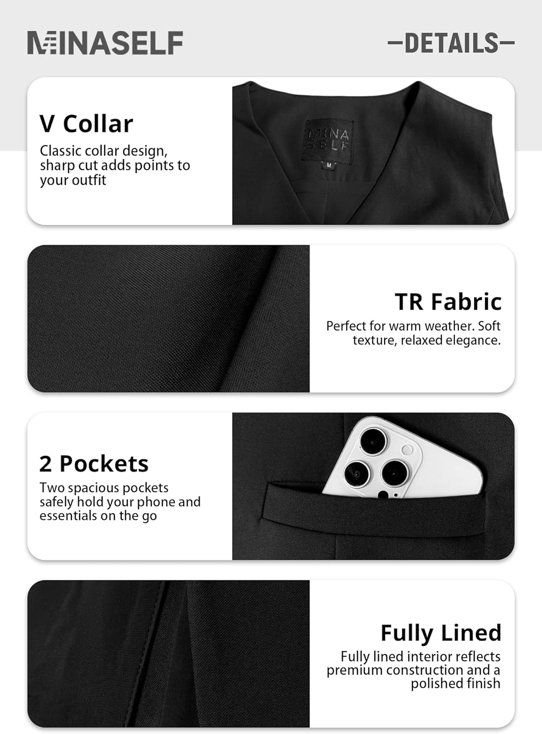 Mina Self 2026 Summer Women's Linen Sleeveless Vest Tops Blazer - Lightweight Fully V-Neck Casual Trendy Work Jacket Pockets - Image 6