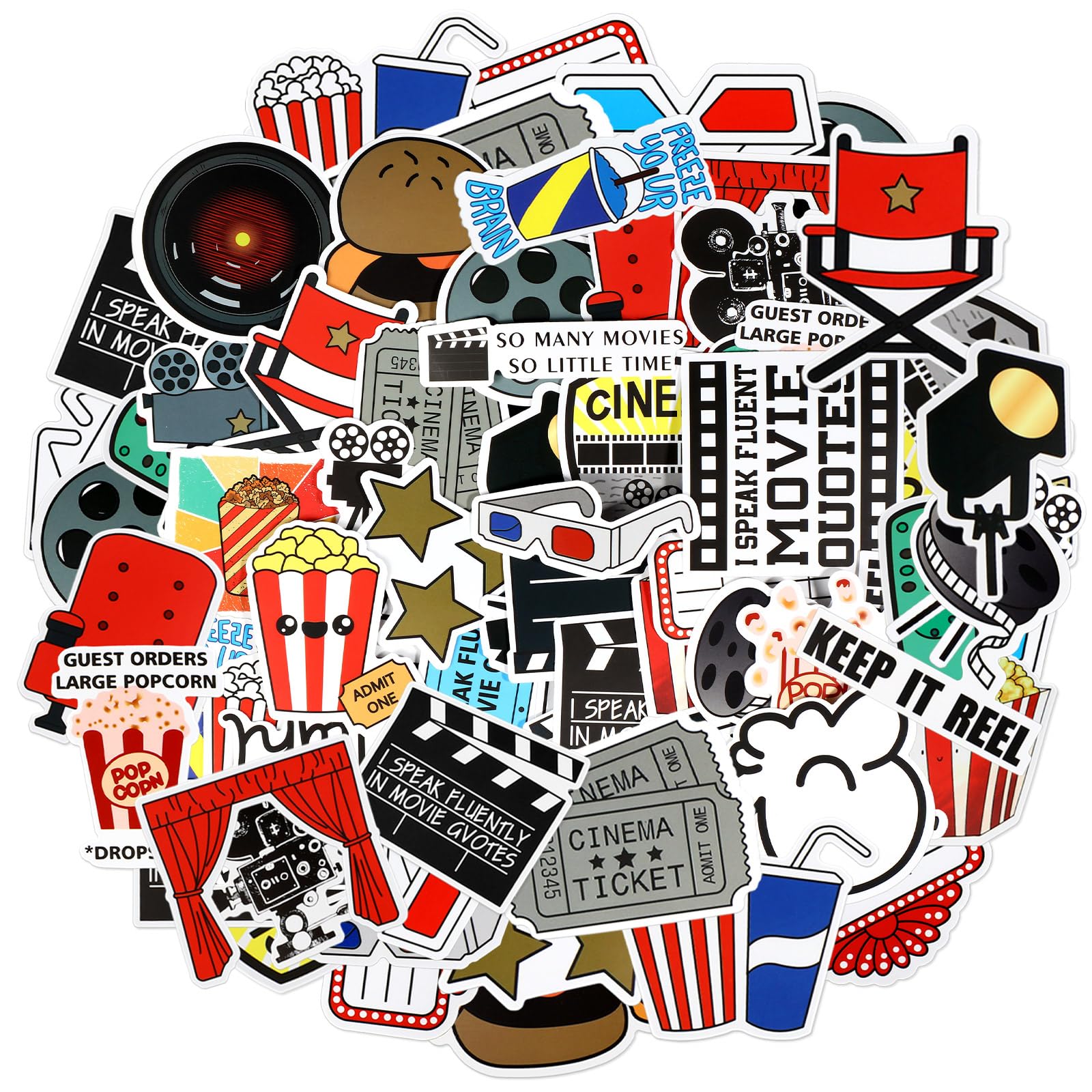 Chinco 100 Pcs Movie Stickers Movie Night Vinyl Waterproof Sticker Funny Film Decals for Party Favors Decorations Gifts Water Bottles Laptop