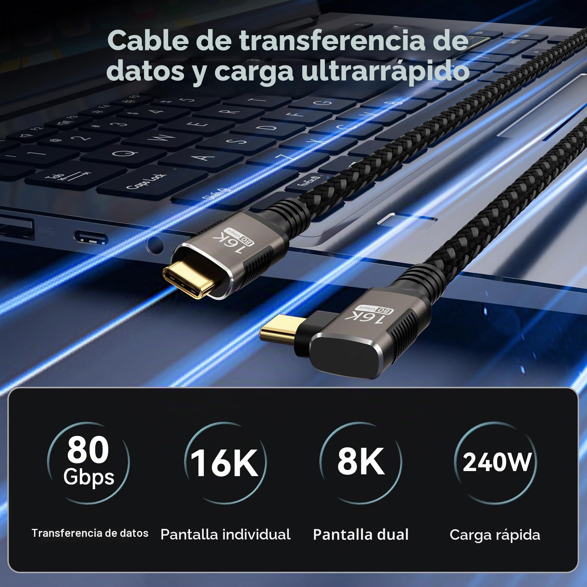 Cable Tipo C ángulo recto largo 3 m Compatible Con Thunderbolt 5/4,Cable USB5 80Gbps Transferencia de Datos,90 Grados USBC Carga Rapida 240W,16K@60Hz/8K@120Hz para Display,SSD,Dock,eGPU