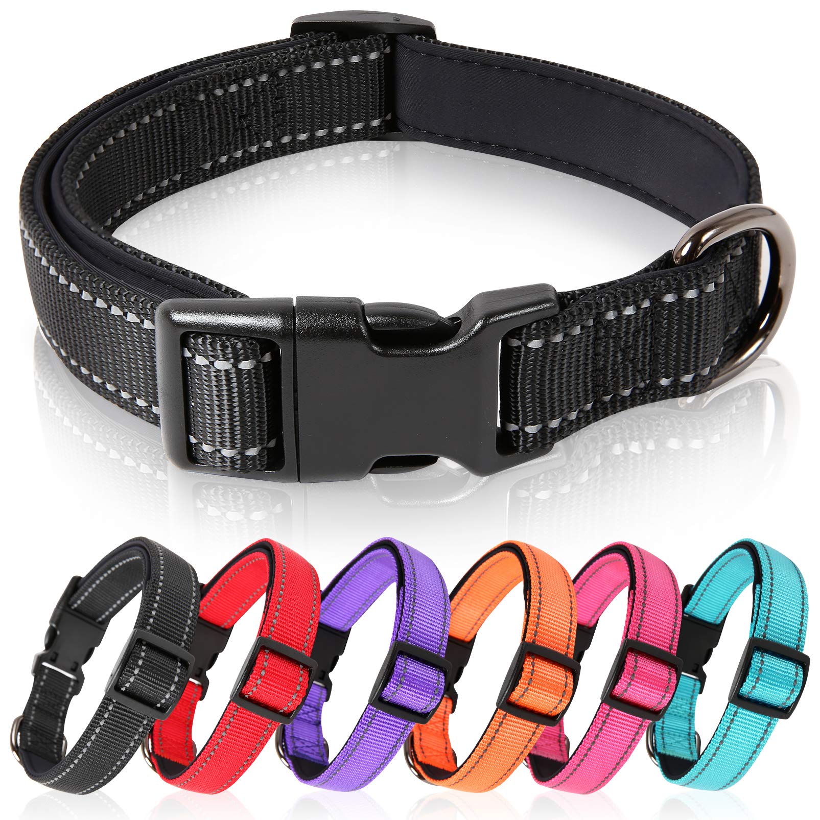 HEELE Dog Collar, Reflective Dog Collar, Soft Neoprene Padded Breathable Nylon Pet Collar Adjustable for Large Dogs, Black, L(15.74-25.98")