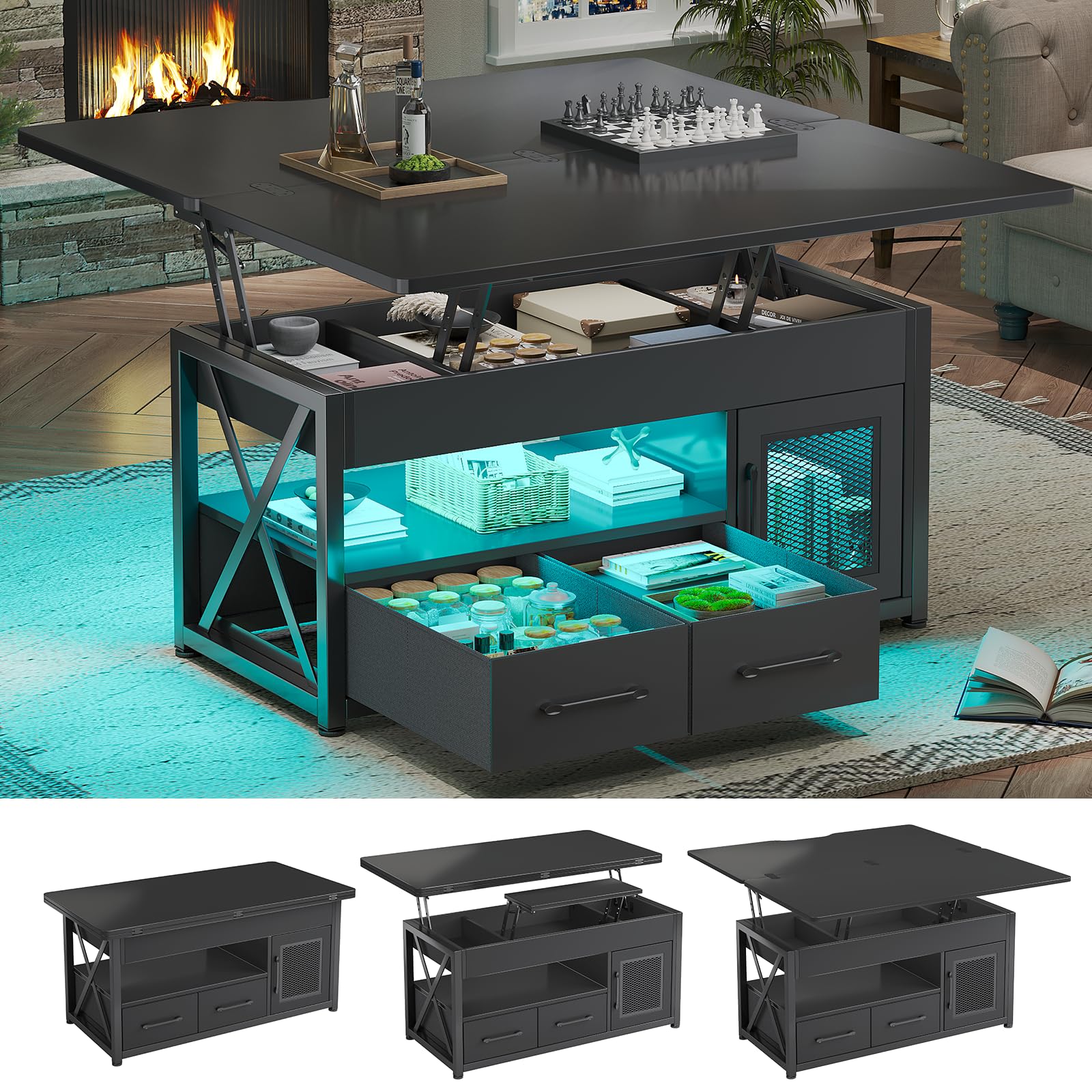 Itaar 40" Lift Top Coffee Table, 4 in 1 Coffee Tables with Storage Cabinet for Living Room, Small Farmhouse Coffee Table with 2 Fabric Drawers & LED Light for Dining Room, Black