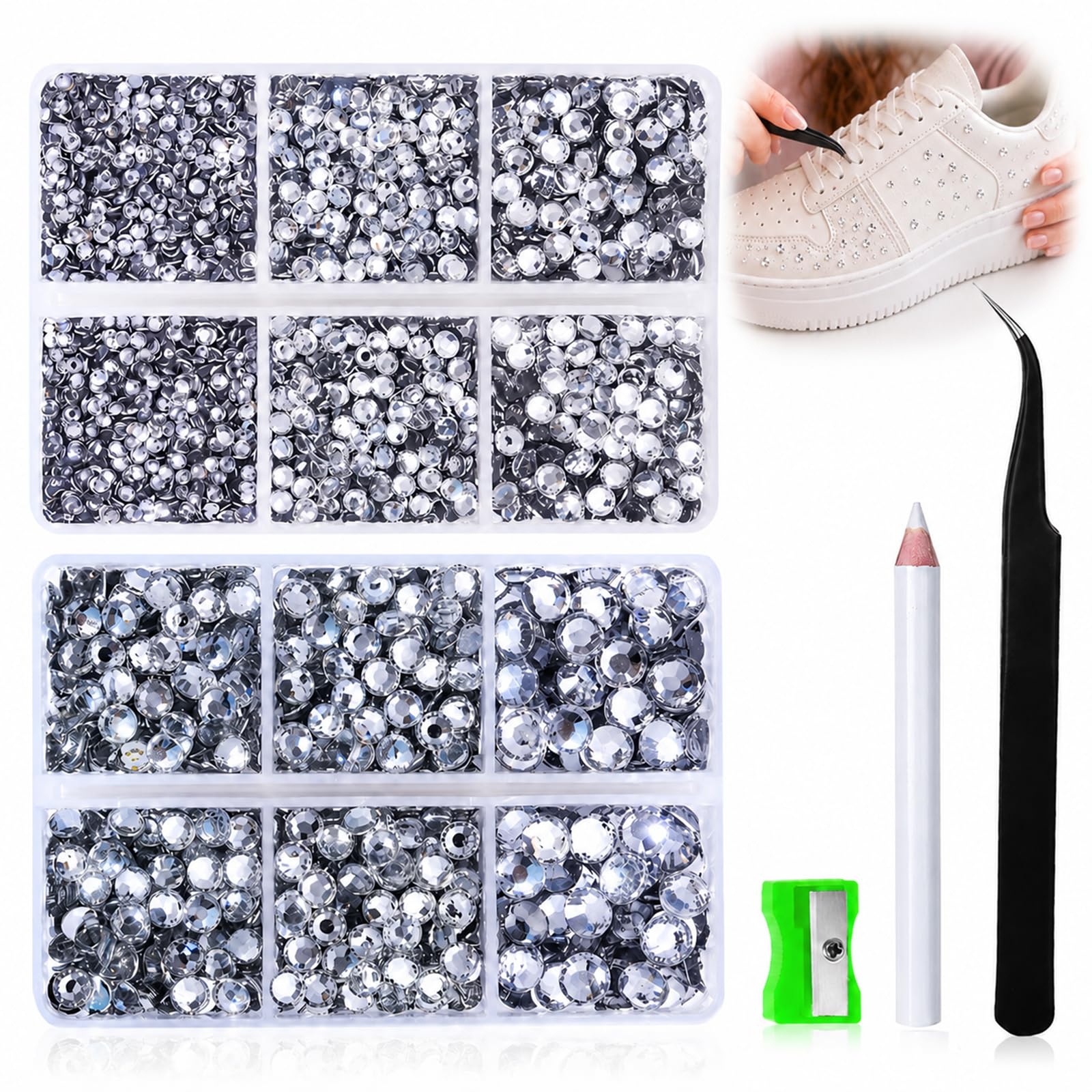 White Silver Base Resin Flat Back Diamonds 6500 Pcs - Round Coloured Rhinestones for DIY Nail Art Crafts, Phone Case Decoration, Clothing, Shoes, with Tweezers and Pencils Kit