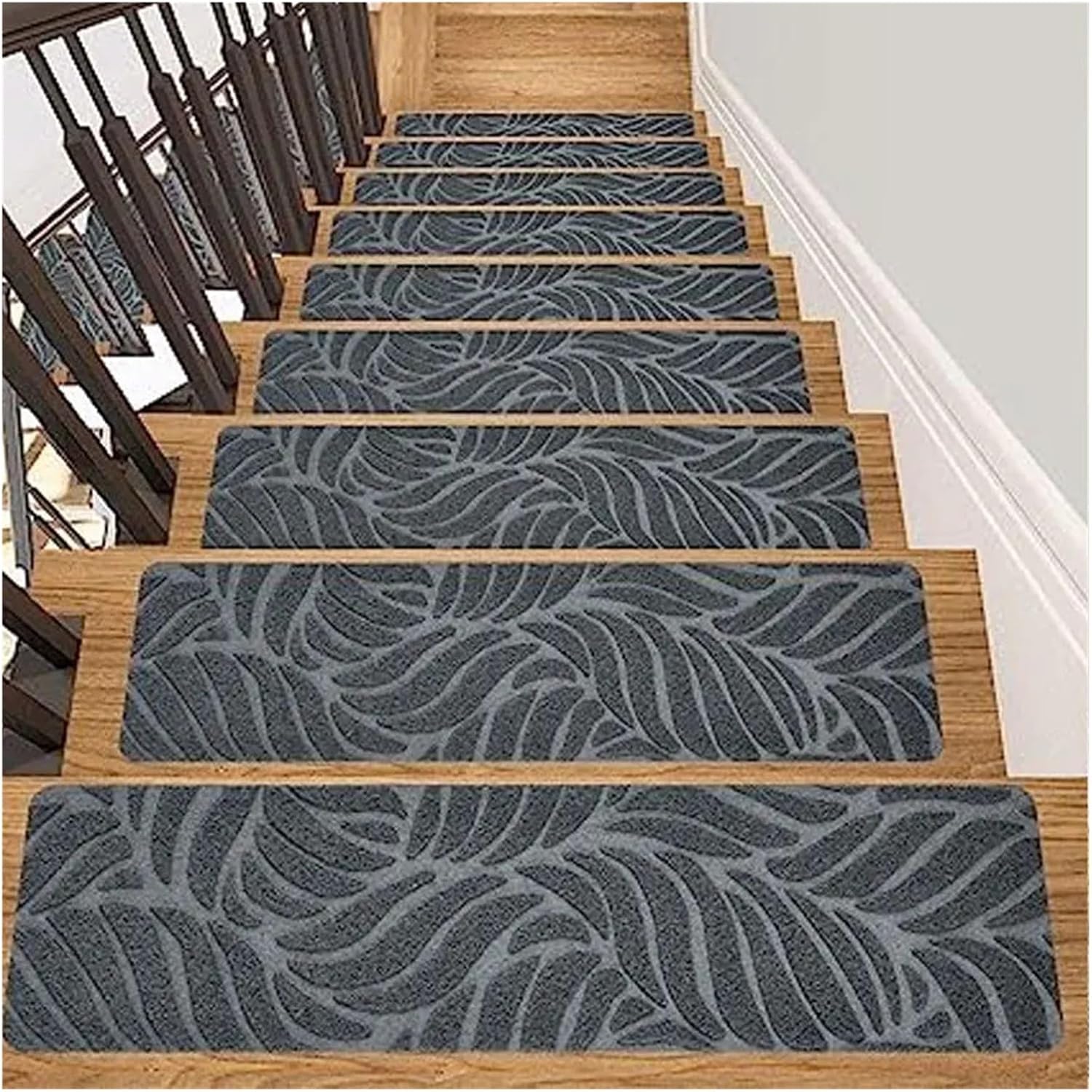 Stair Treads Slip Carpet 1/3pcs 20x76cm Washable Non-Slip Stair Treads Protector Rug Self-Adhesive Carpet Pad Stepping Indoor Floor Mats(Grey Leaf,1pc)