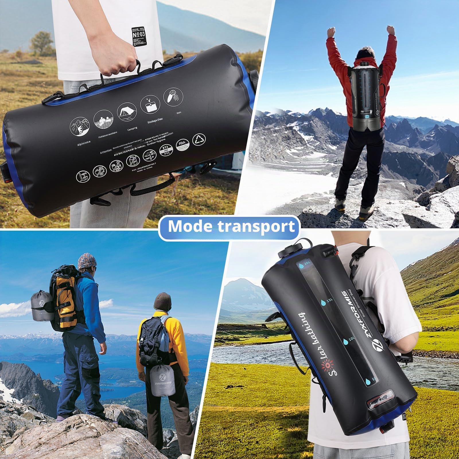 Douche de Camping Portable 20 L avec thermomètre et Pompe à Pied | TPU résistant, poche pliable, fenêtre transparente, double raccord, tuyau amovible, débit réglable, randonnée, plage, animaux