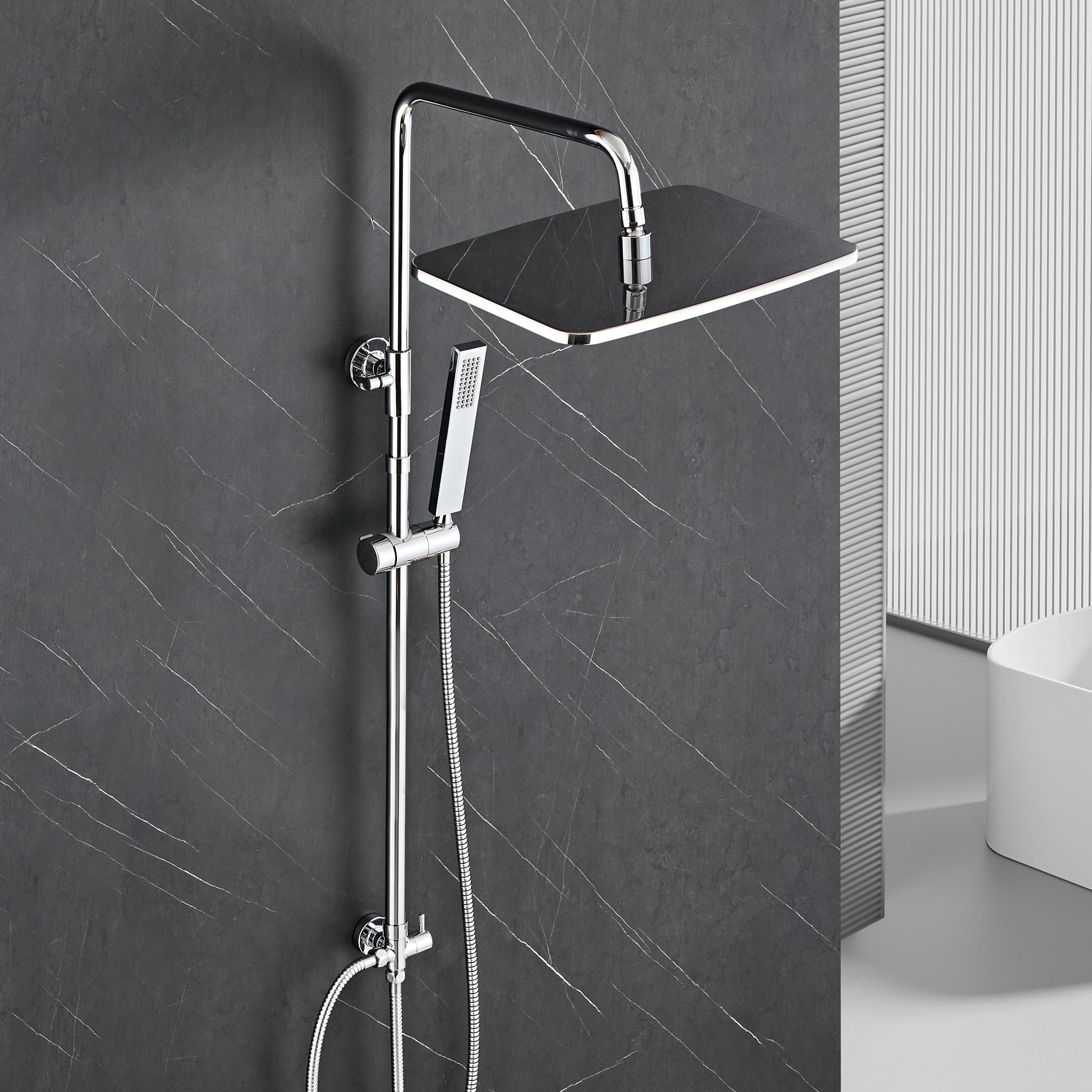 Görbach Edelstahl Duschsystem ohne Armatur, Chrom Regendusche Set Wassersparend, Höhenverstellbare Duschstange 74–114 cm, XXL Kopfbrause 35x25cm
