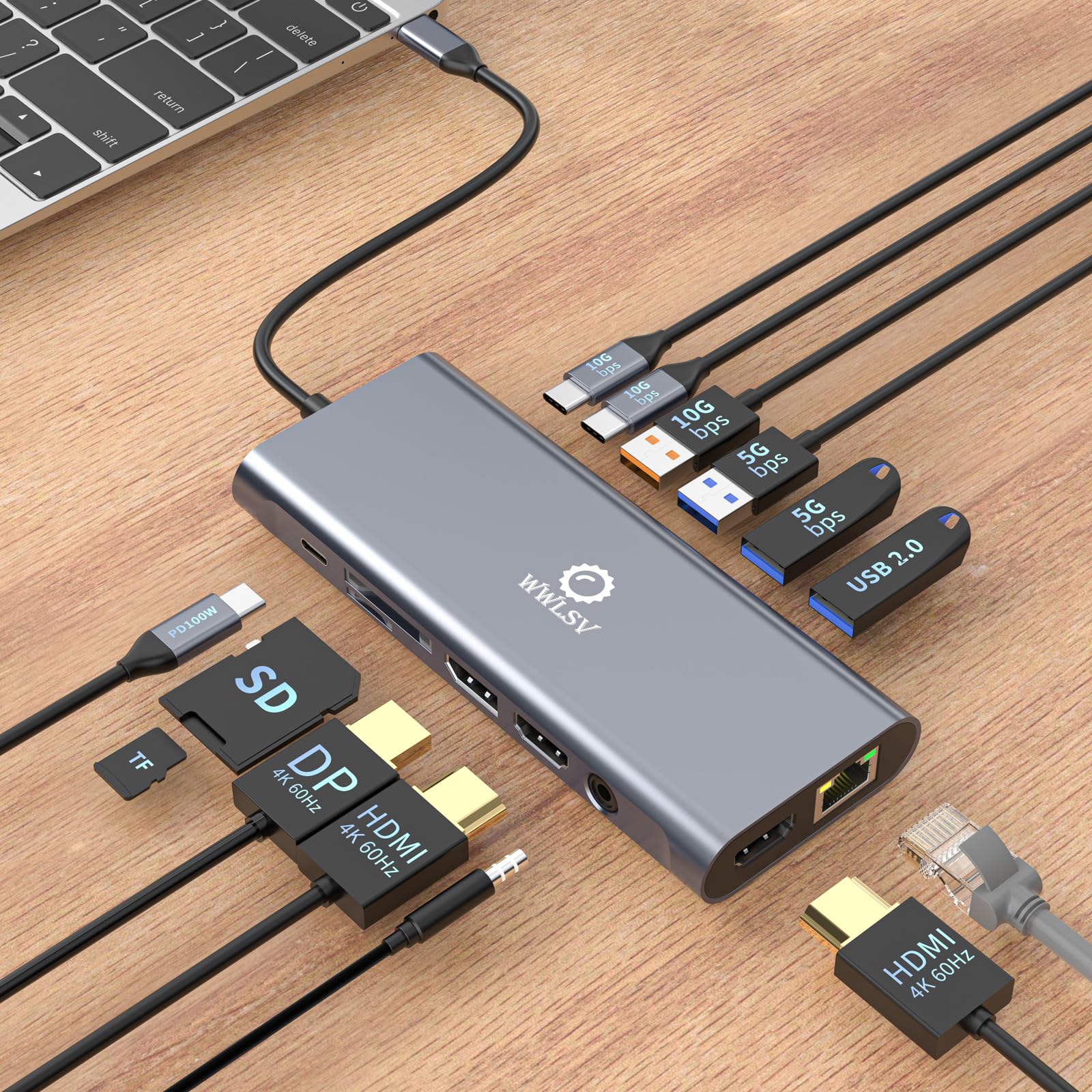 Stacja dokująca USB C, podwójny monitor, stacja dokująca do laptopa 14 w 1, 3 monitory z 2 HDMI 4K, Displayport, Ethernet, USB C/A 3.1, 100 W PD, SD/TF, 3.5 Audio/mikrofon