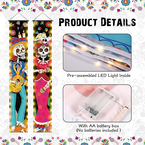 Miniatura 3 de Tiamon 3 carteles de Día de los Muertos con luces LED, decoración de puerta de fiesta mexicana Día de los Muertos, pancarta de puerta de calavera de