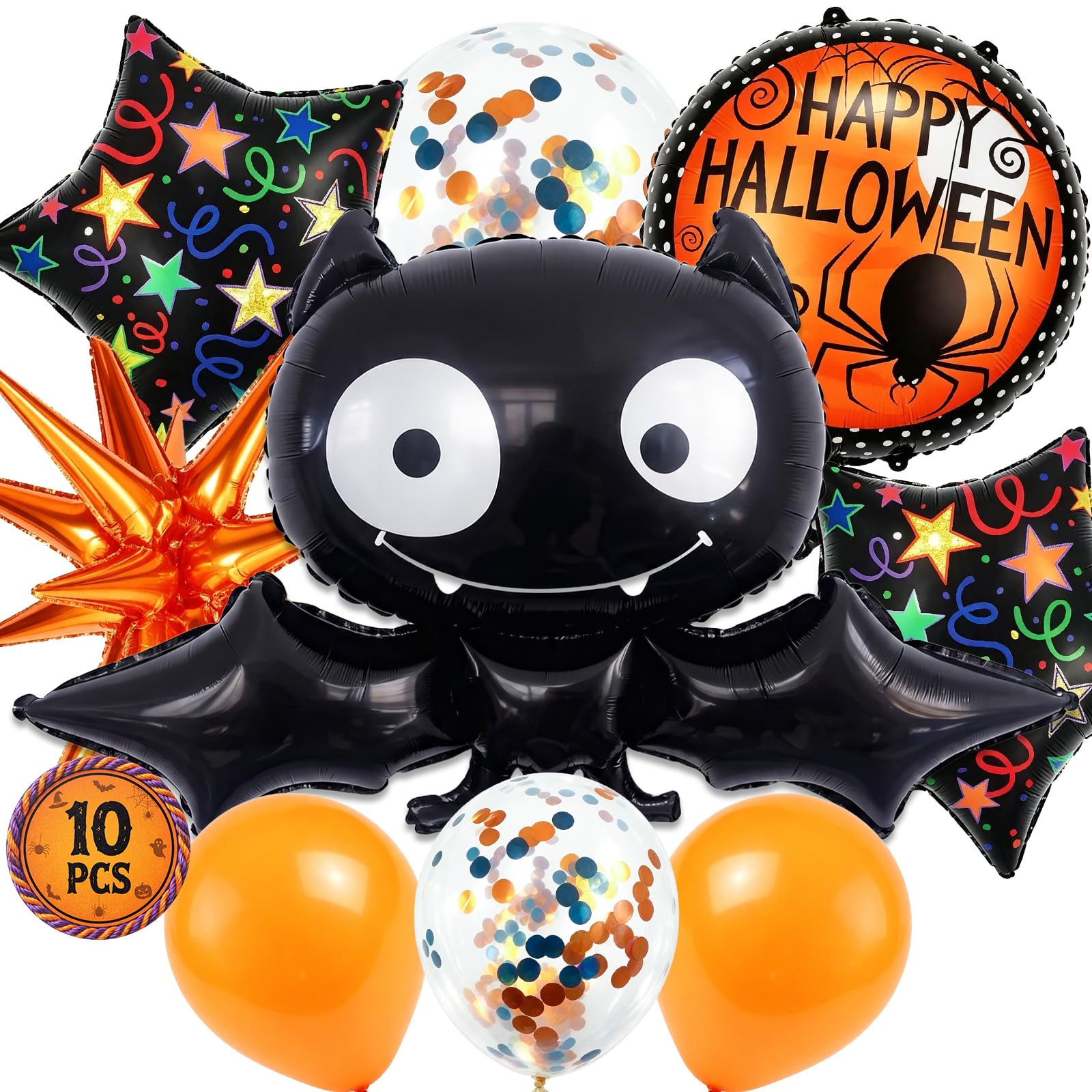 Pinkgarden Halloween Balloons Set 10 Pack, Cute Black Bat Foil Balloon, Confetti Latex Star Balloons for Halloween Party Decor