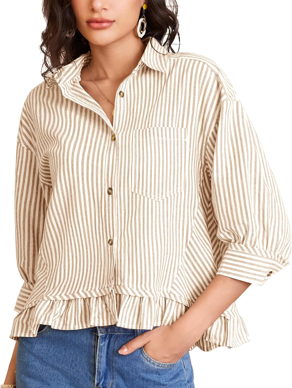 Flygo Womens 3/4 Sleeve Striped Button Down Shirts Cropped Ruffle Hem Casual Collared Drop Shoulder Cotton Blouse Summer Tops