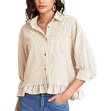 Flygo Womens 3/4 Sleeve Striped Button Down Shirts Cropped Ruffle Hem Casual Collared Drop Shoulder Cotton Blouse Summer Tops