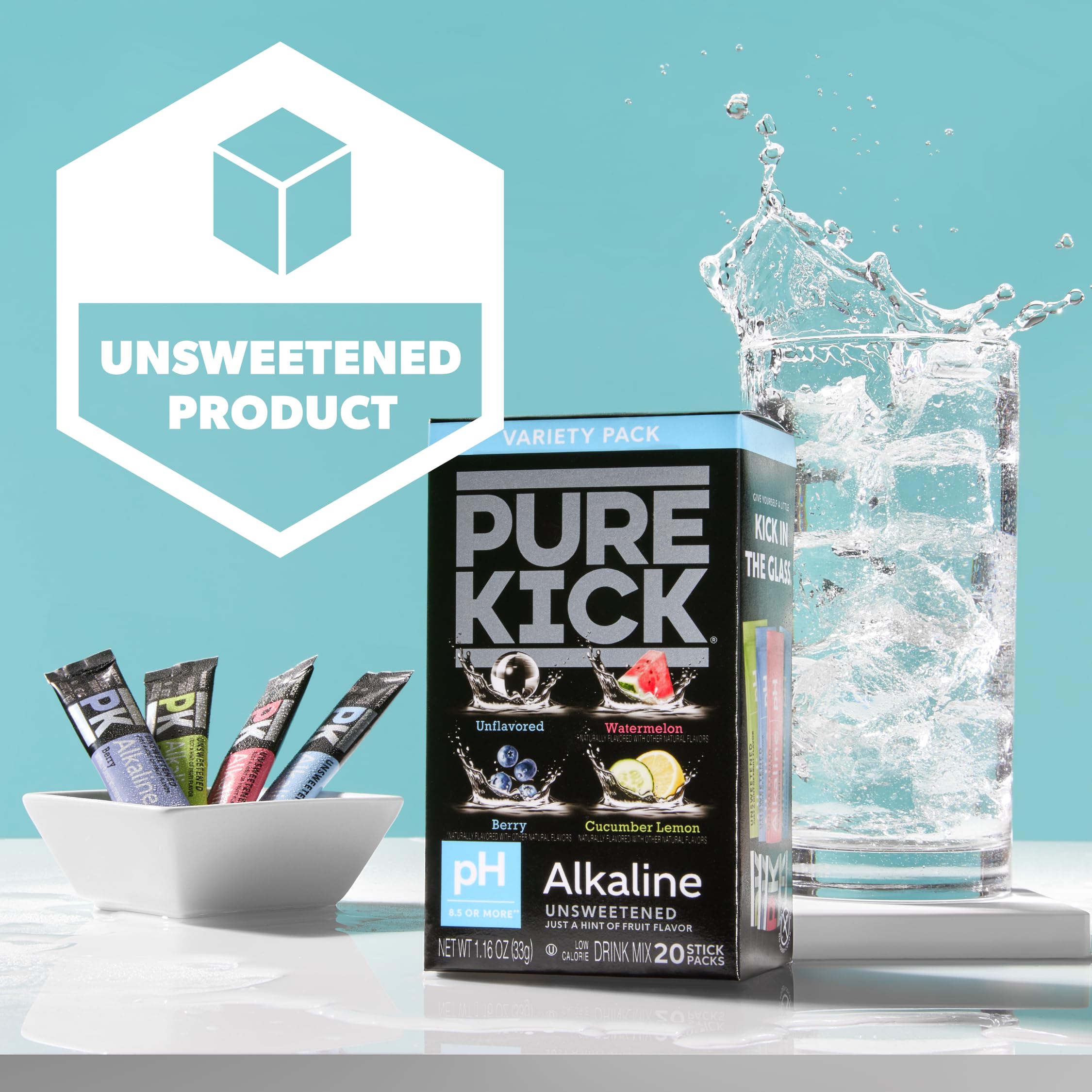 Pure Kick Alkaline Unsweetened Drink Mix,By Savoy Impex, Variety Pack, pH 8.5 or More, 20 Stick Packs, Low Calorie 3
