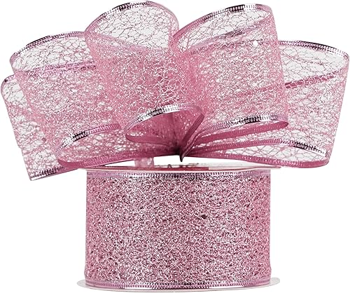 Miniatura 4 de MEEDEE Cinta de malla de alambre rosa con purpurina, cinta de Navidad rosa con alambre de 2.5 pulgadas, cinta rosa con alambre para decoración de