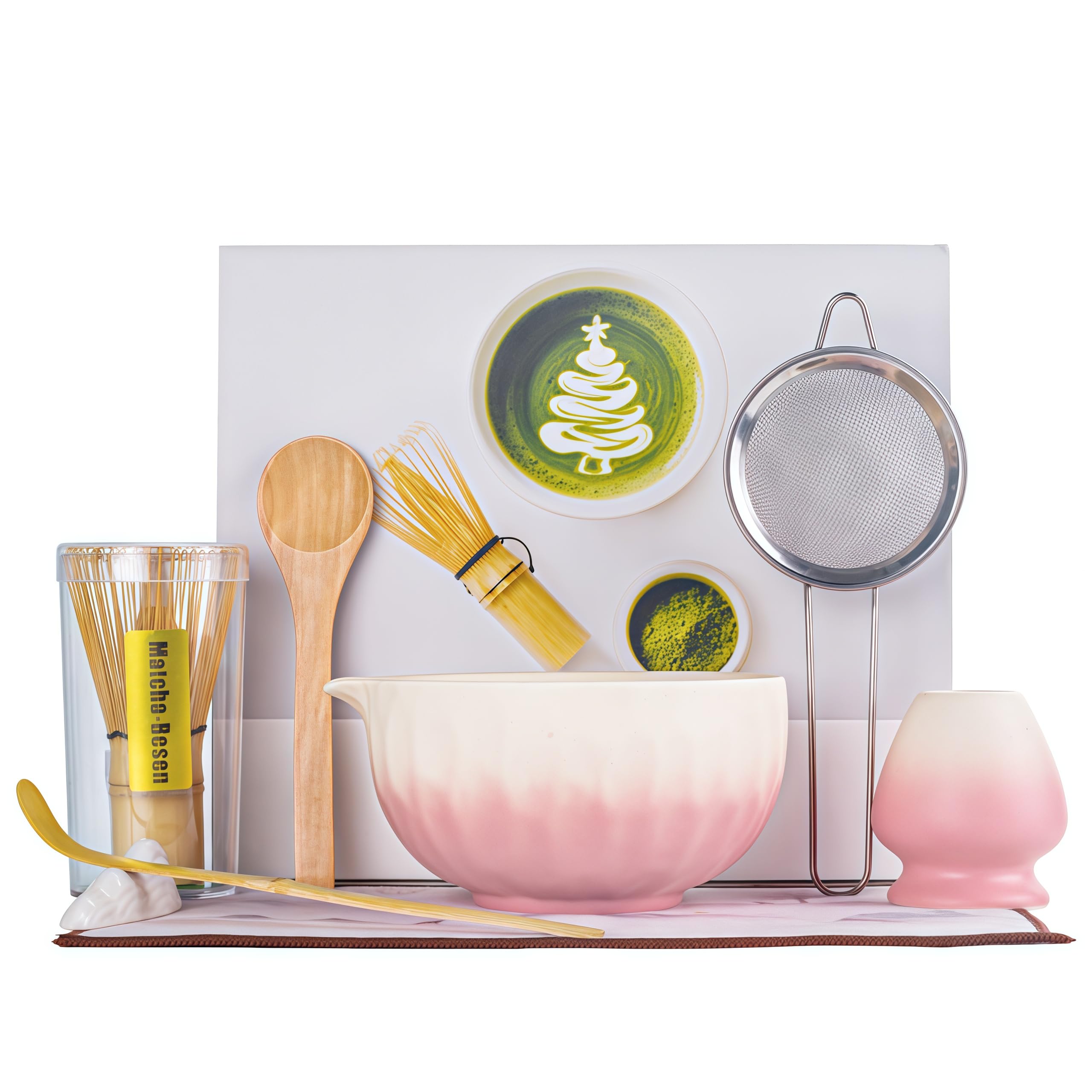 ZEWETO Matcha Set 8-teilig Japanisches Teezeremonie Set, Matcha Schale mit Ausguss (Chawan), Bambusbesen (Chasen), Besenhalter, Matcha-Löffel (Chashaku), Edelstahlsieb, Matcha Starter Kit Geschenkset