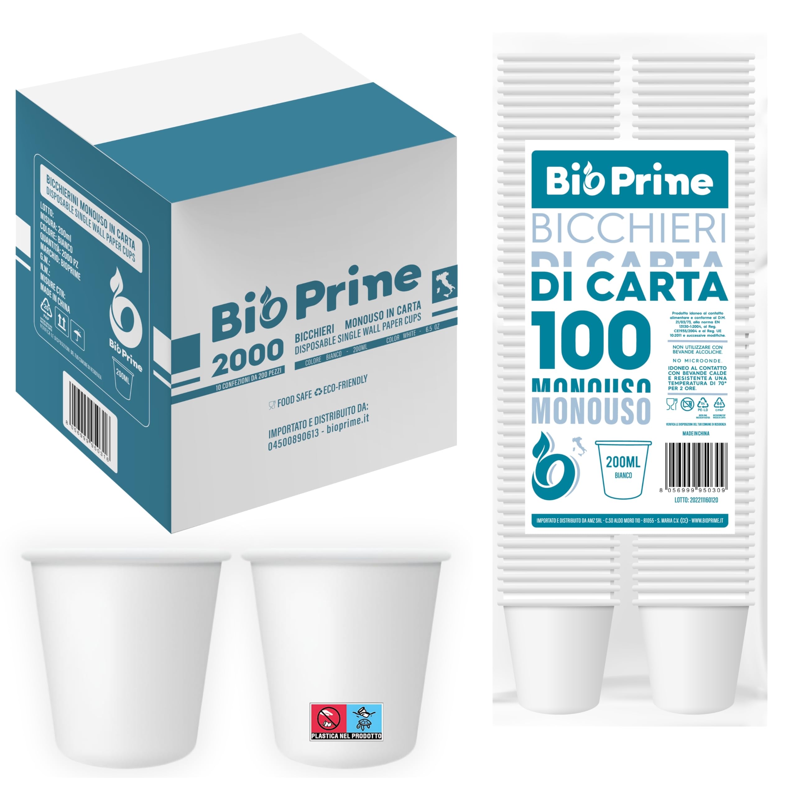 2000 unidades - Vasos de agua de papel de 200 ml - Vasos de 200 ml biodegradables - Para bebidas calientes, agua y bebidas - Vasos desechables