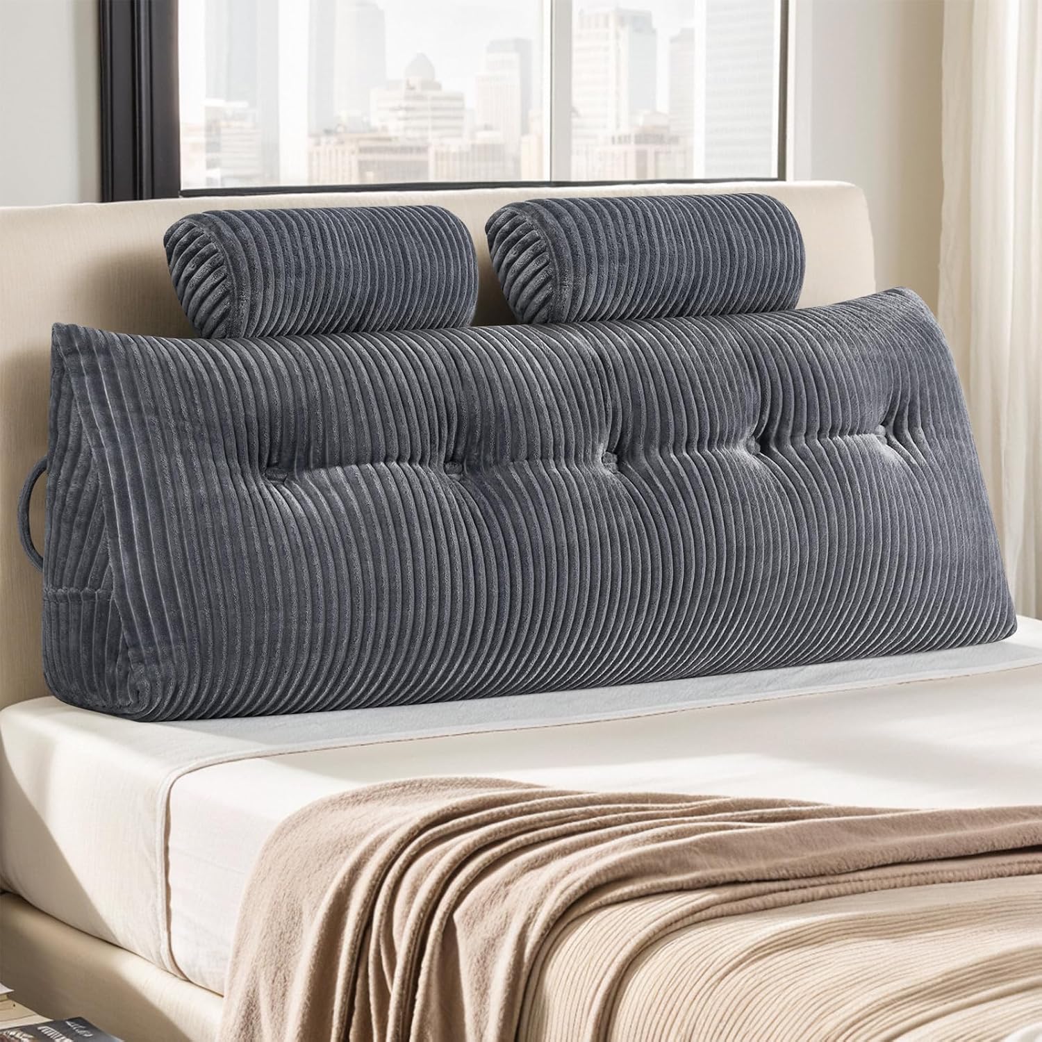 cjc Wedge Headboard, Large Back Rest Support Reading Bolster Pillows Triangular Cushion Backrest Lumbar Body Positioning Bedrest Gifts for Sitting in Bed Adult (Gray, 76x8x20)