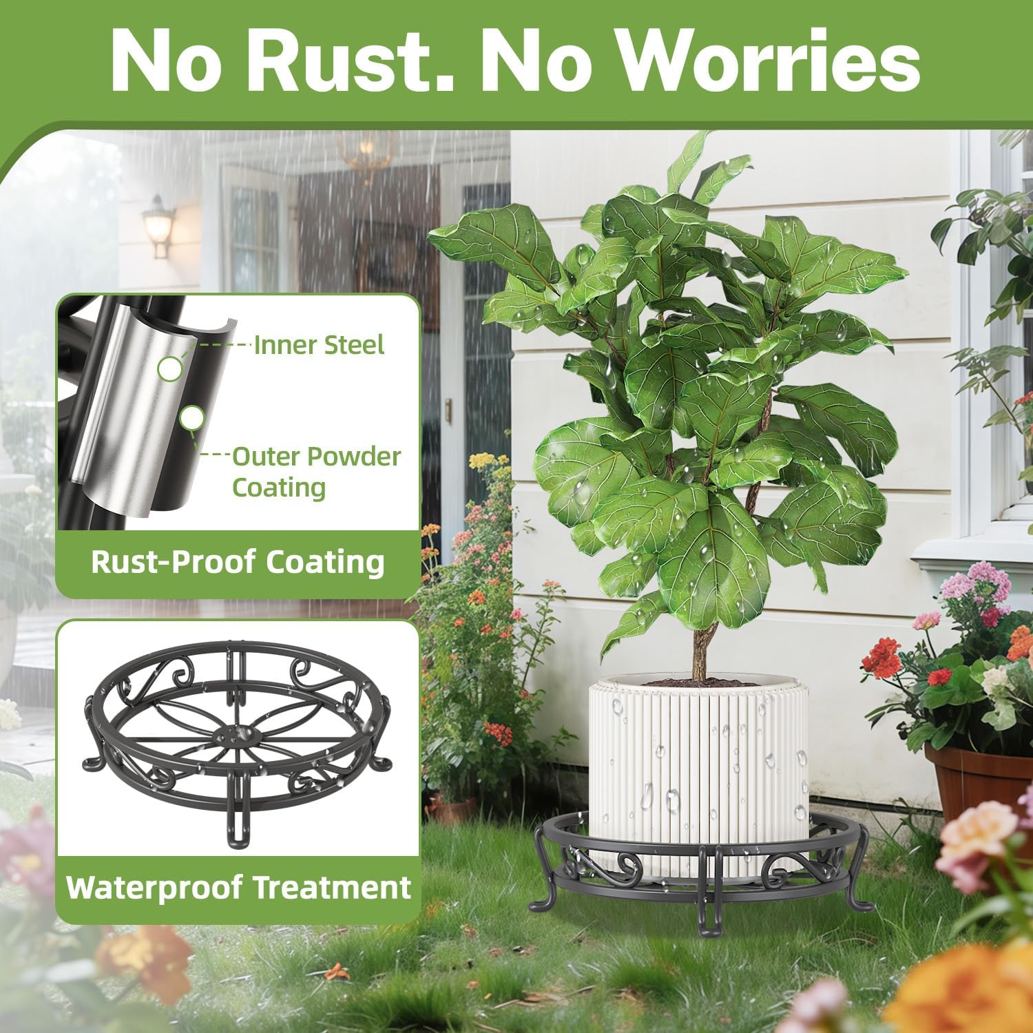 iDavosic.ly 2-Pack Metal Plant Stands for Outdoor Indoor, 11-Inch Wide Rust-proof Iron Heavy Duty Flower Pot Holder for Patio Garden Porch Living Room, Modern Black