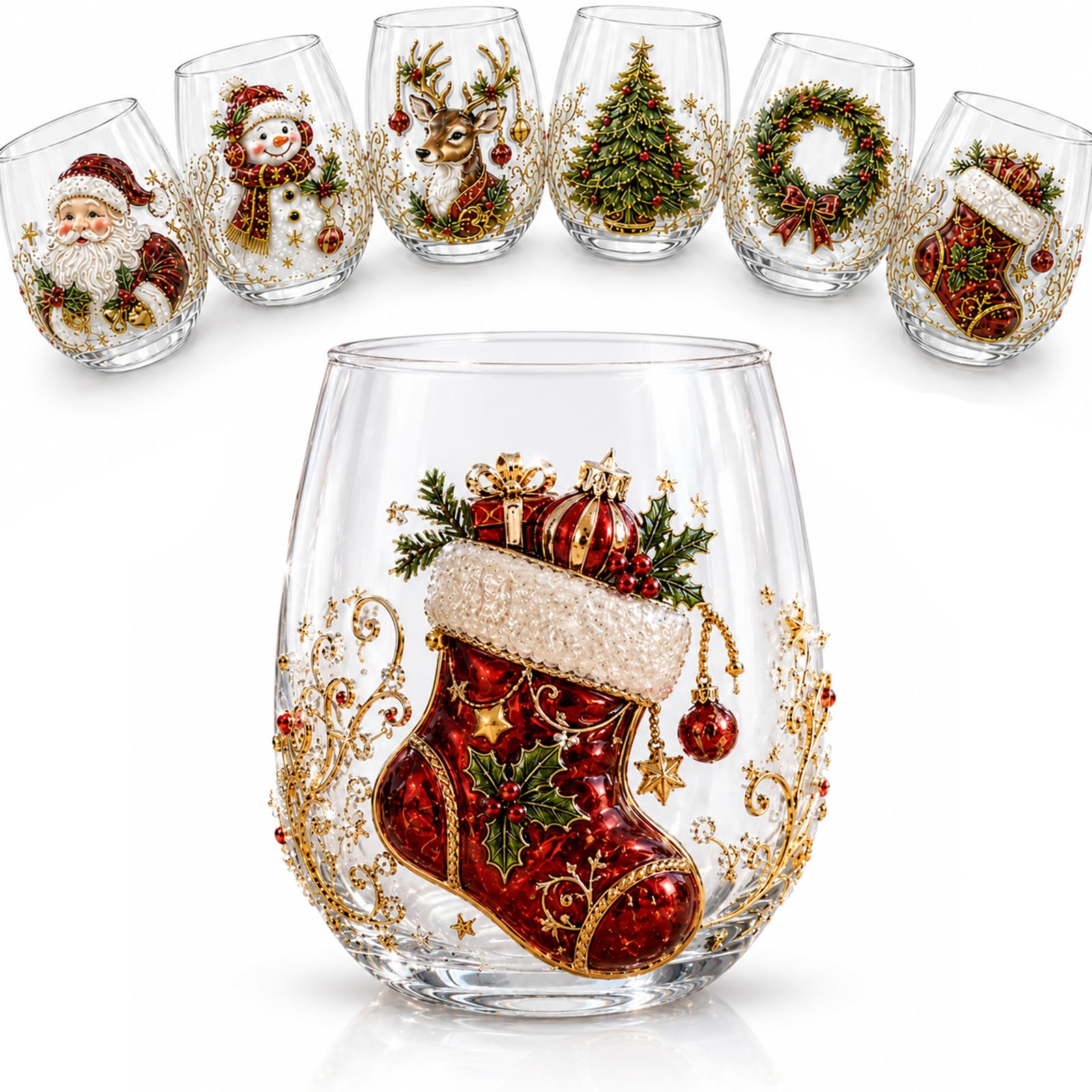 3D Christmas Glass Art Cup 3D Xmas Drinking Glass Cup Collection (Sock)