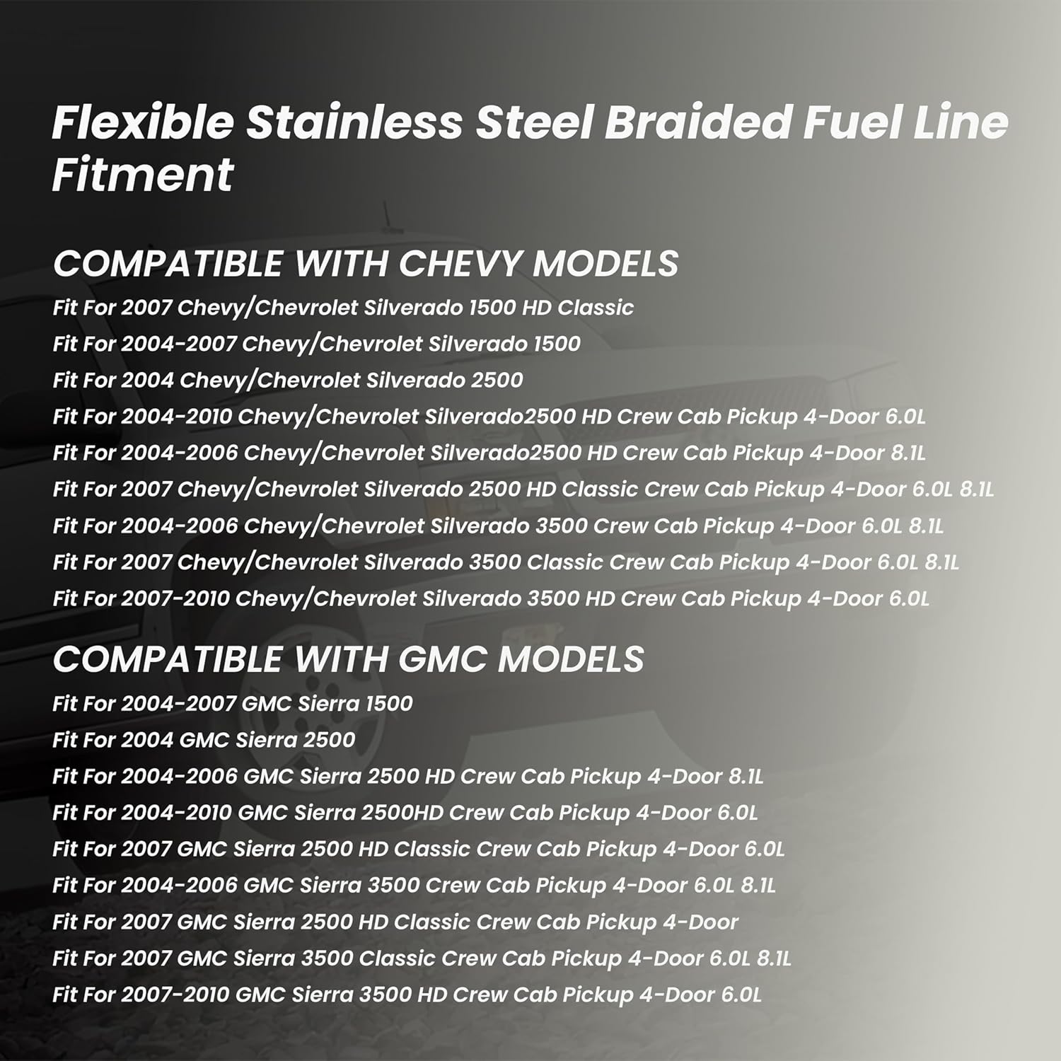 Fuel Line Fit For Chevy Silverado 1500 2500 GMC Sierra 1500 2500HD 3500HD 6.0L 8.1L V8 2004-2010, Flexible Stainless Steel Braided Fuel Line Kit Replace 819-876 15946177 15946180 15946198