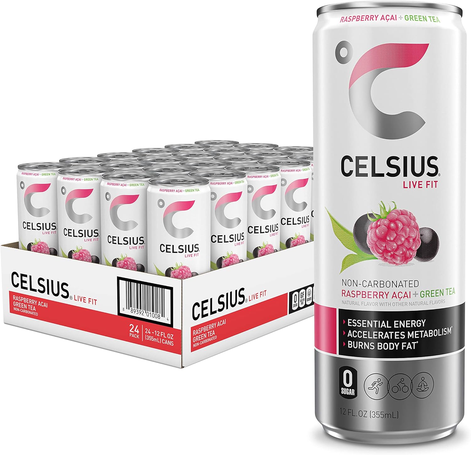 CELSIUS Raspberry Acai Green Tea, Functional Essential Energy Drink 12